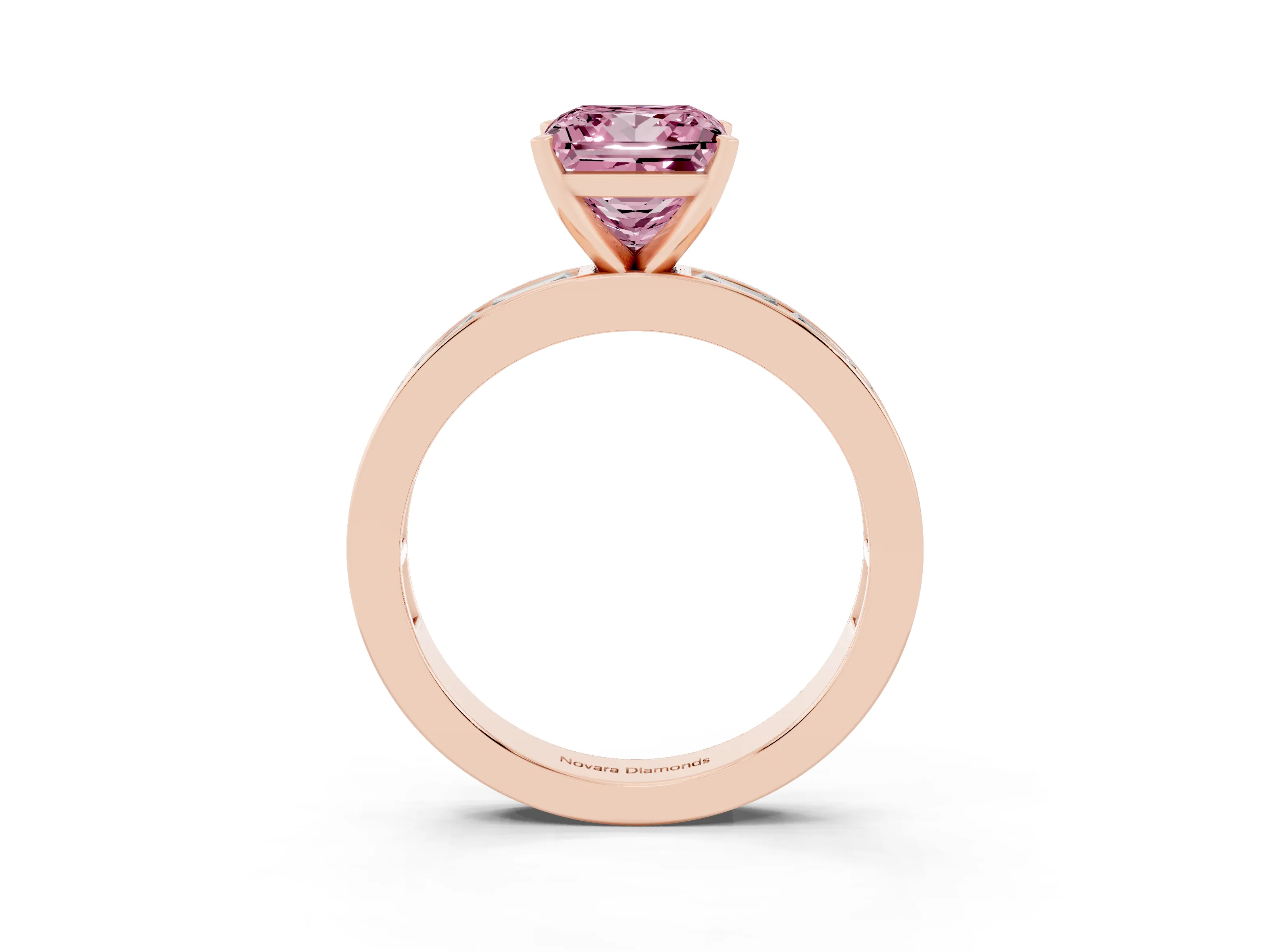 Fancy Pink Princess Cut Diamond Solitaire Ring Set in Rose gold with Channel-Set Baguette Band and Prong Setting