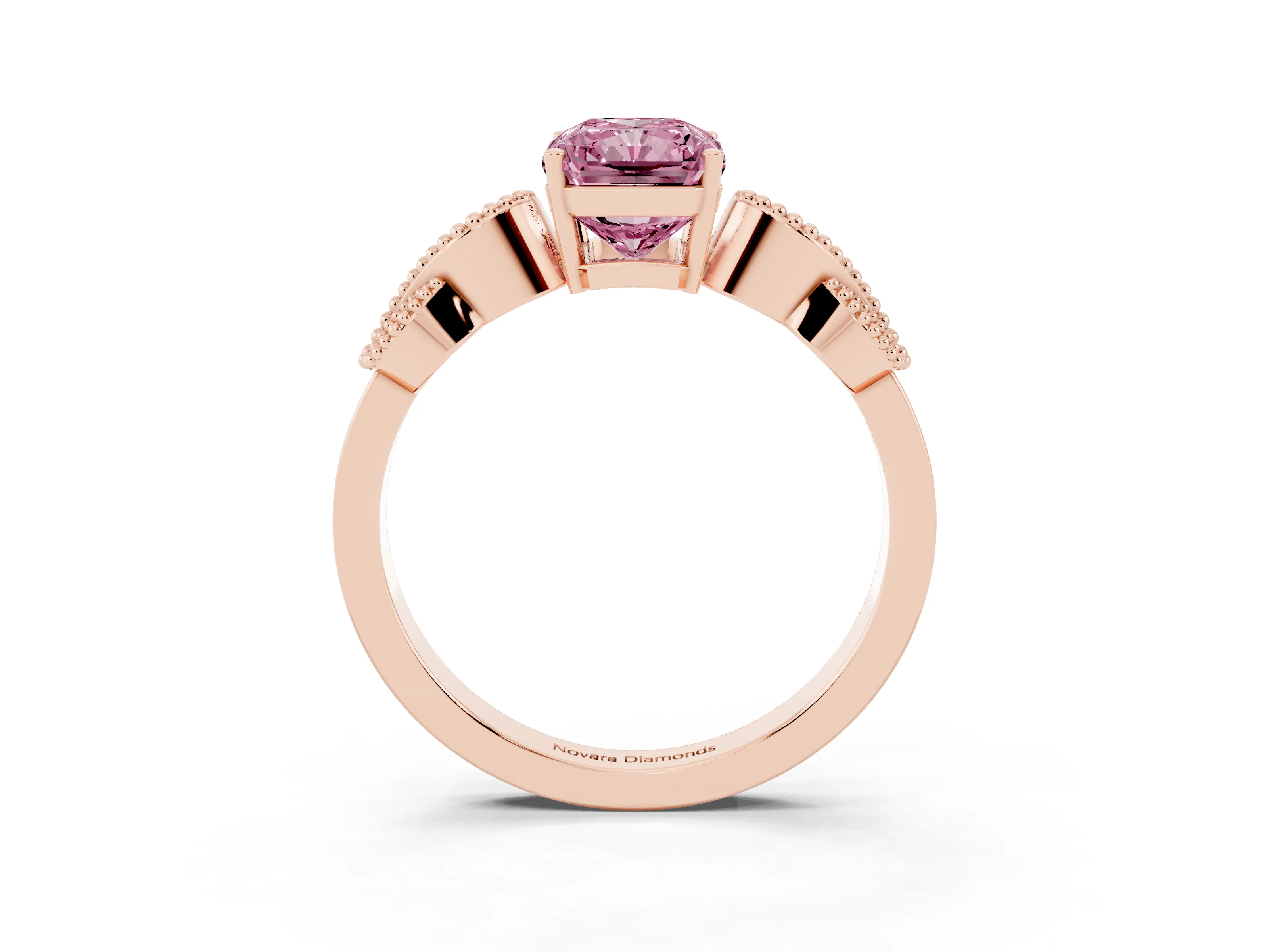 Fancy Pink Princess Cut Diamond Milgrain Leaf Band Solitaire Ring Set in Rose gold with Accent Stones and Prong Setting