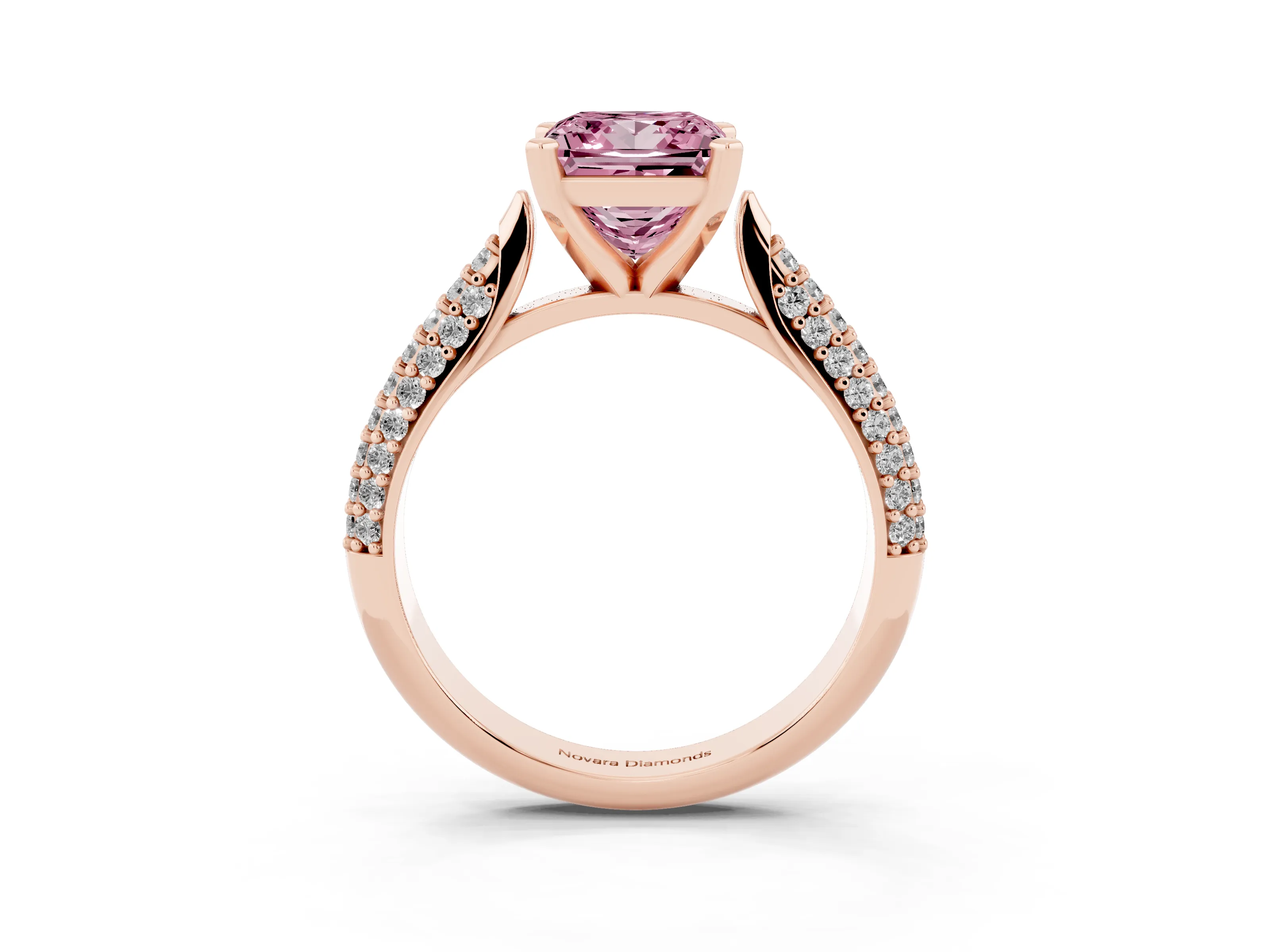 Fancy Pink Princess Cut Diamond Solitaire Engagement Ring Set in Rose gold with Multi-Row Round Pavé Band and Prong Setting