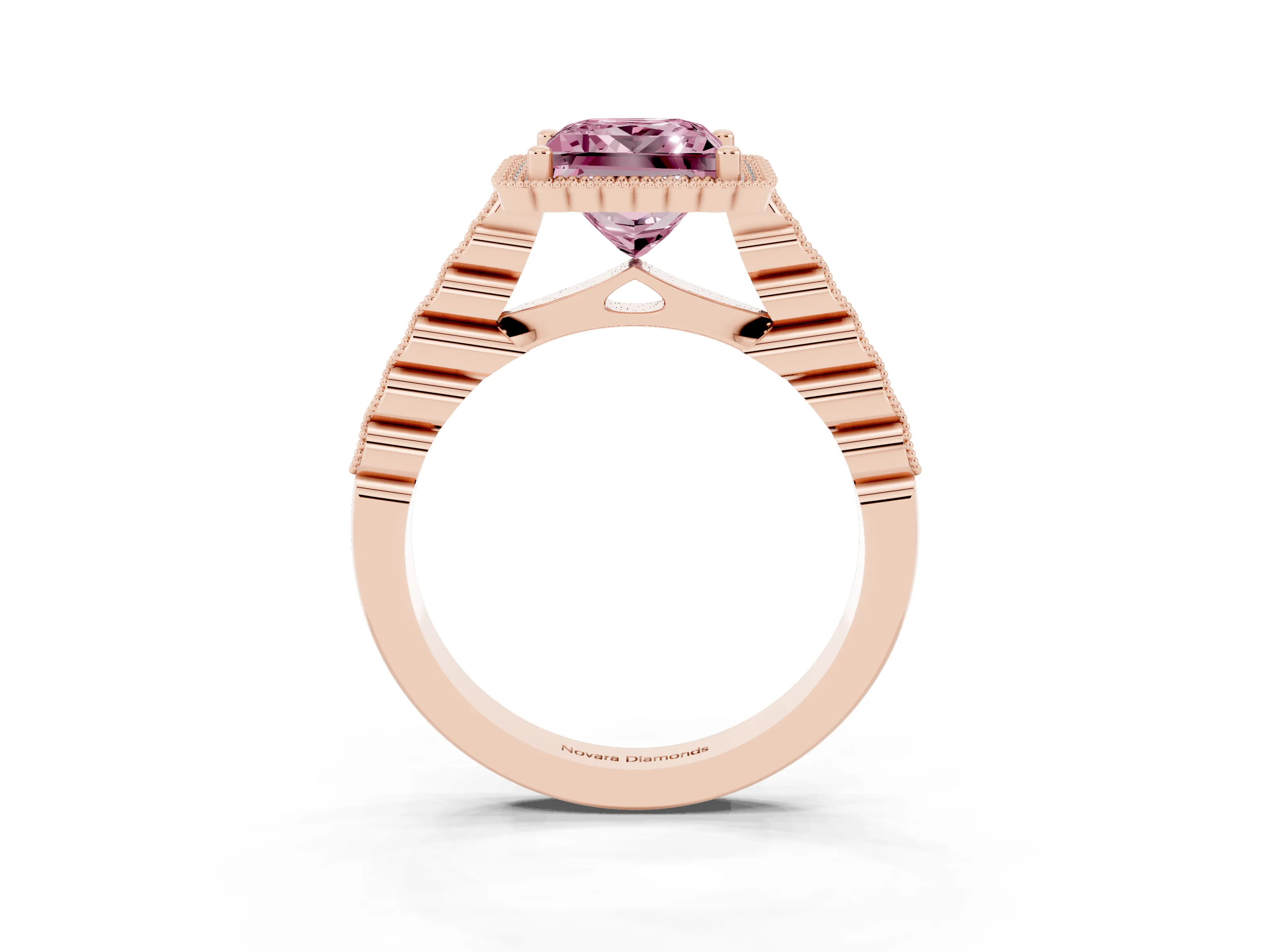 Fancy Pink Princess Cut Diamond Halo Ring Set in Rose gold with Pavé Milgrain Band