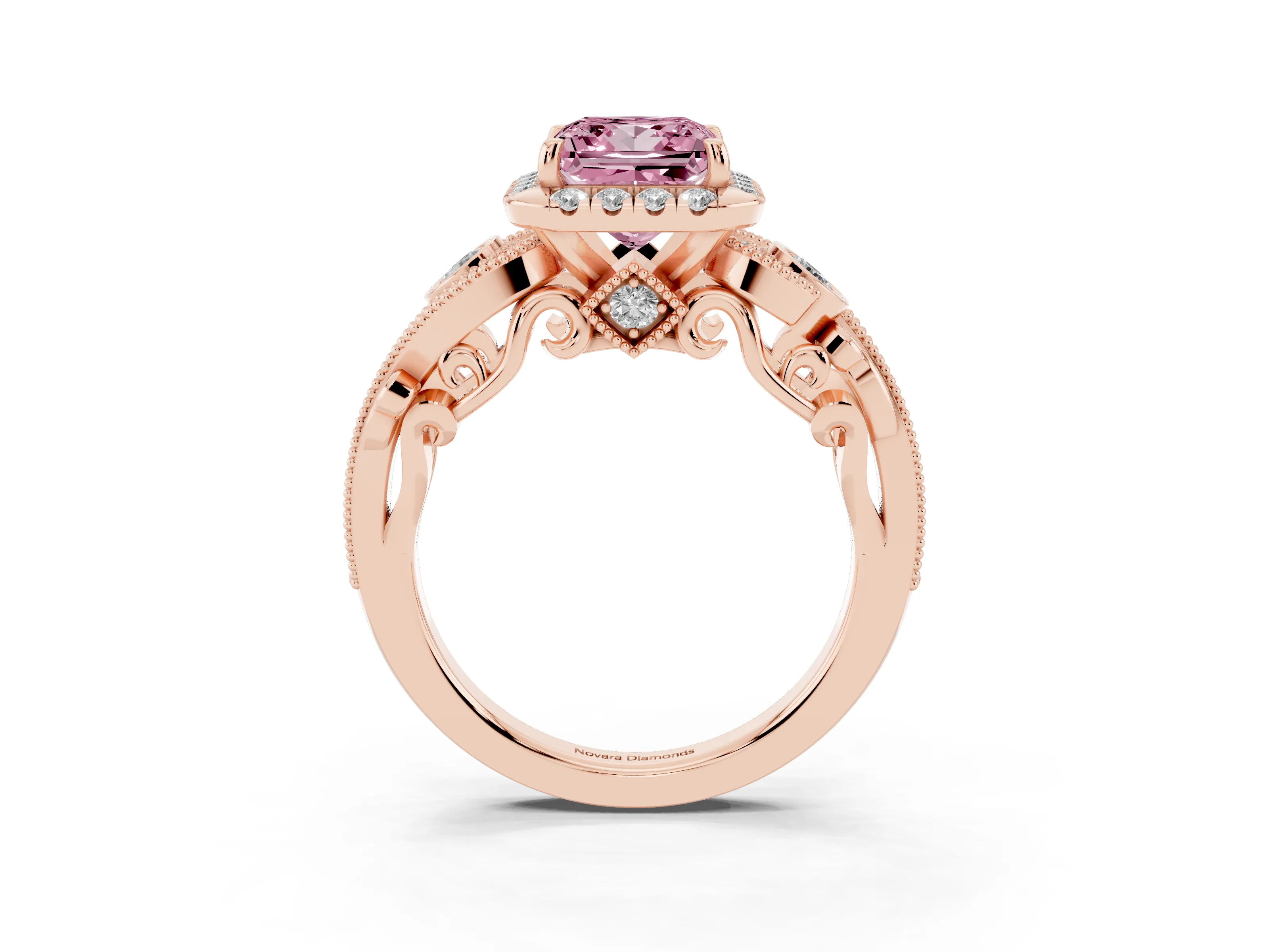 Fancy Pink Princess Cut Diamond Halo Split Shank Ring Set in Rose gold with Milgrain and Bezel Accents