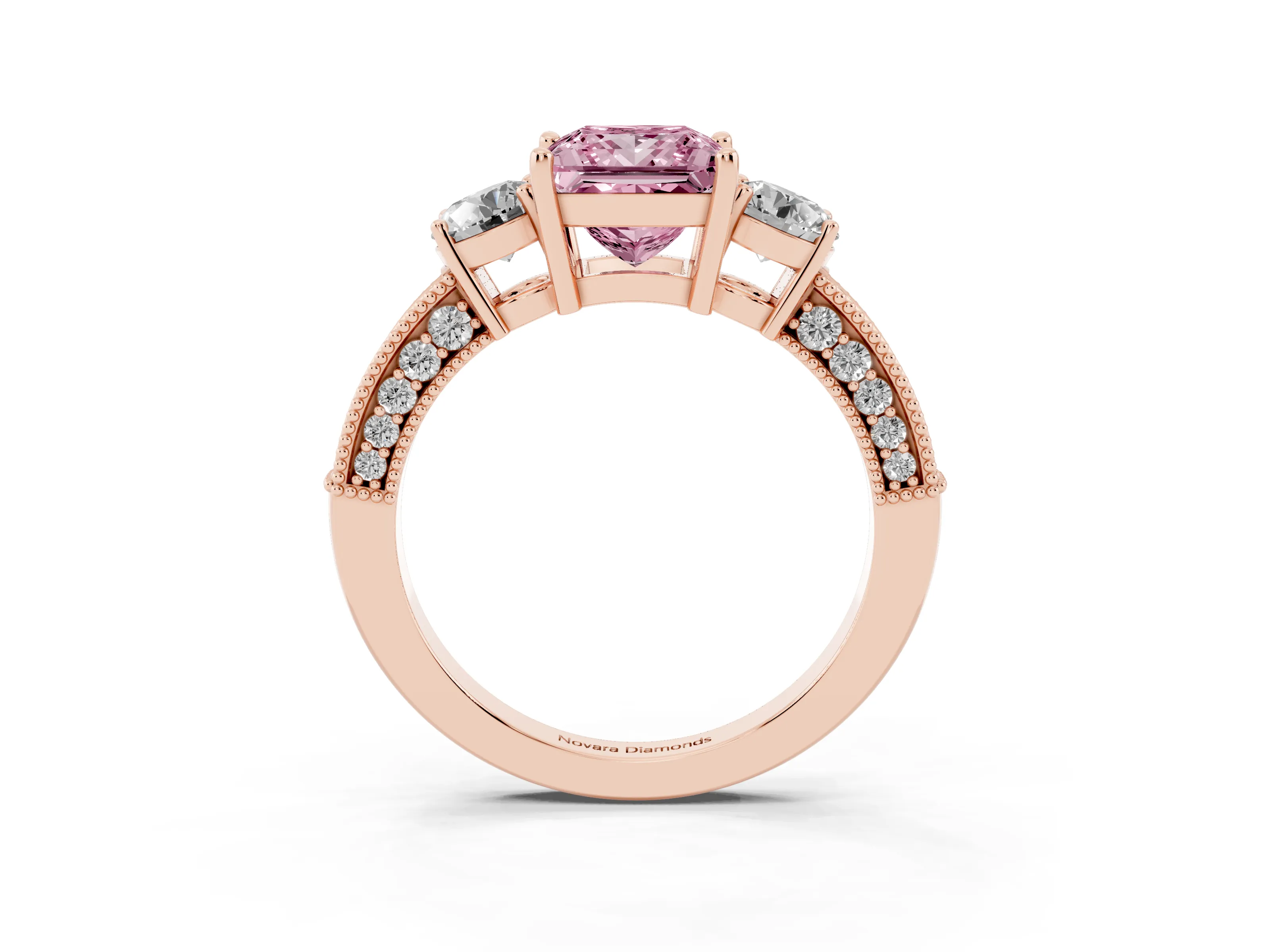 Fancy Pink Princess Cut Diamond Three-Stone Ring Set in Rose gold with Round Side Stones and Pavé Band