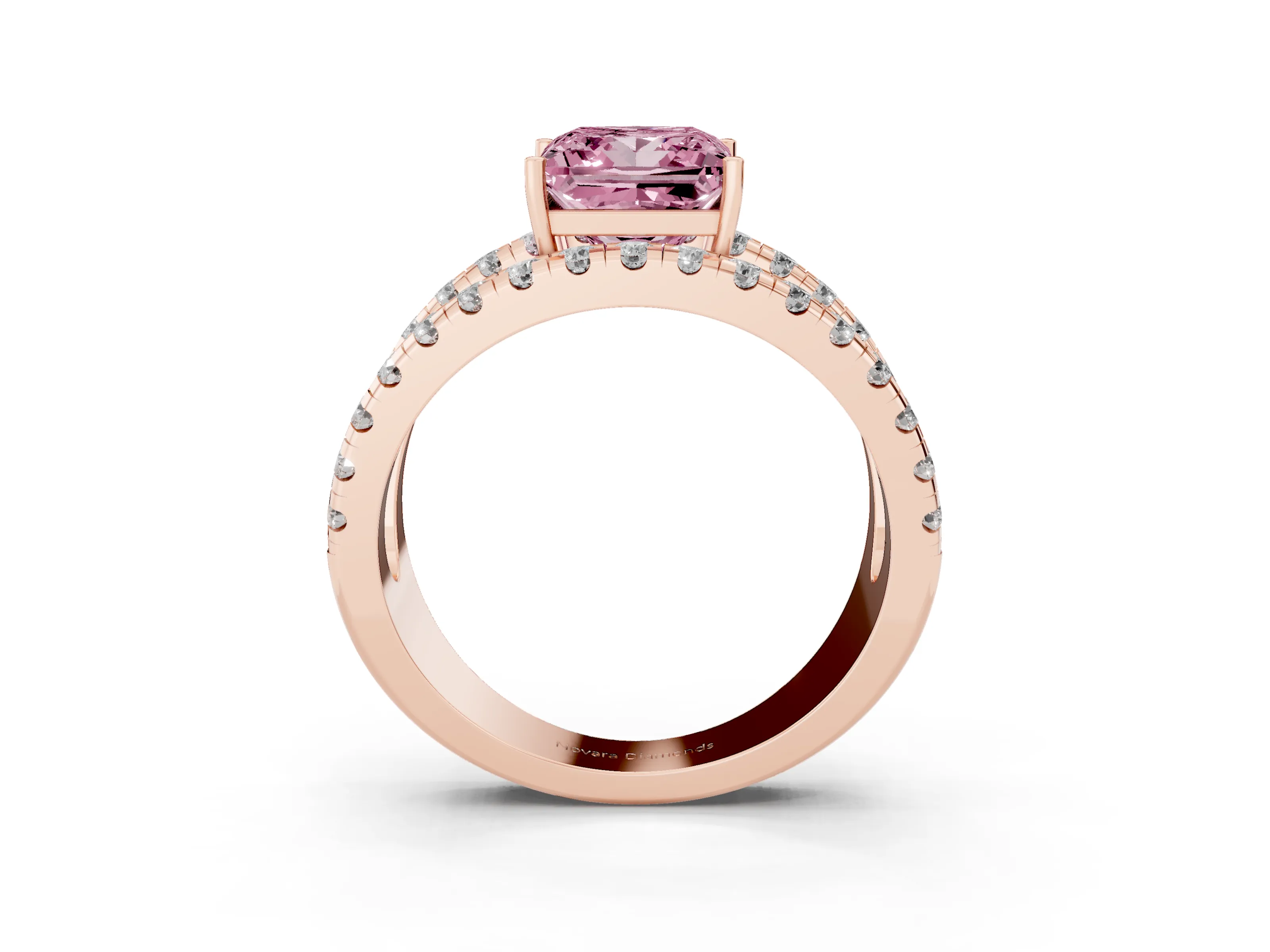 Fancy Pink Princess Cut Diamond Split Shank Pavé Solitaire Ring Set in Rose gold with Open Shank Design