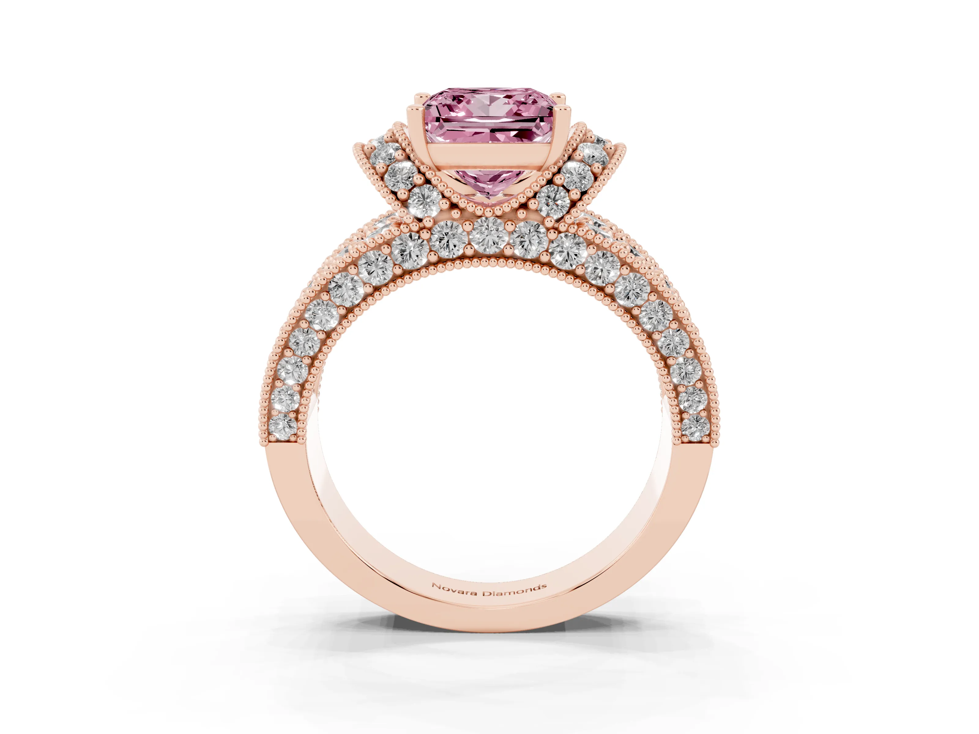 Fancy Pink Princess Cut Diamond Milgrain Halo Pavé Engagement Ring Set in Rose gold with Prong Setting