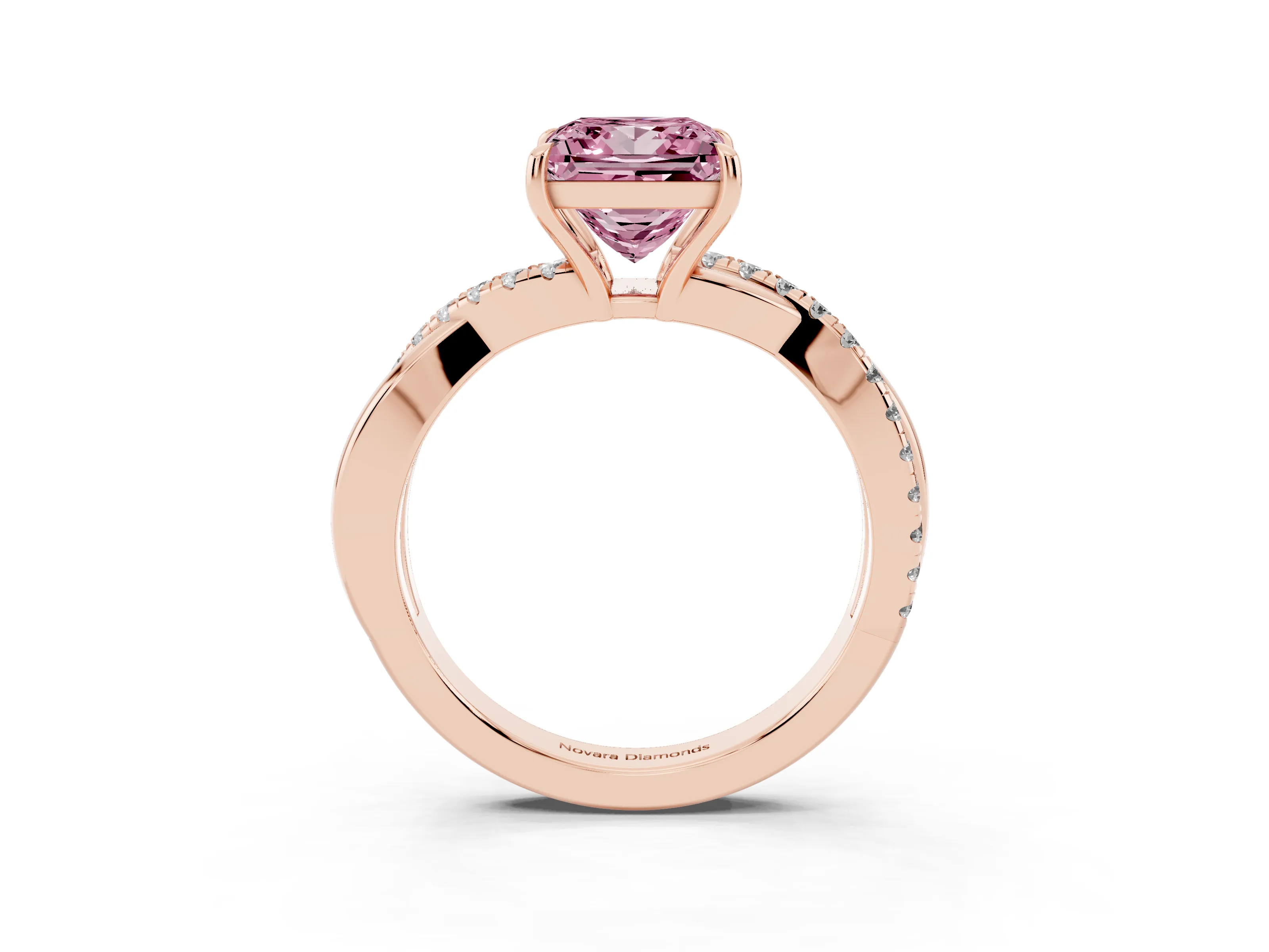 Fancy Pink Princess Cut Diamond Twisted Pavé Band Ring Set in Rose gold with Prong Setting