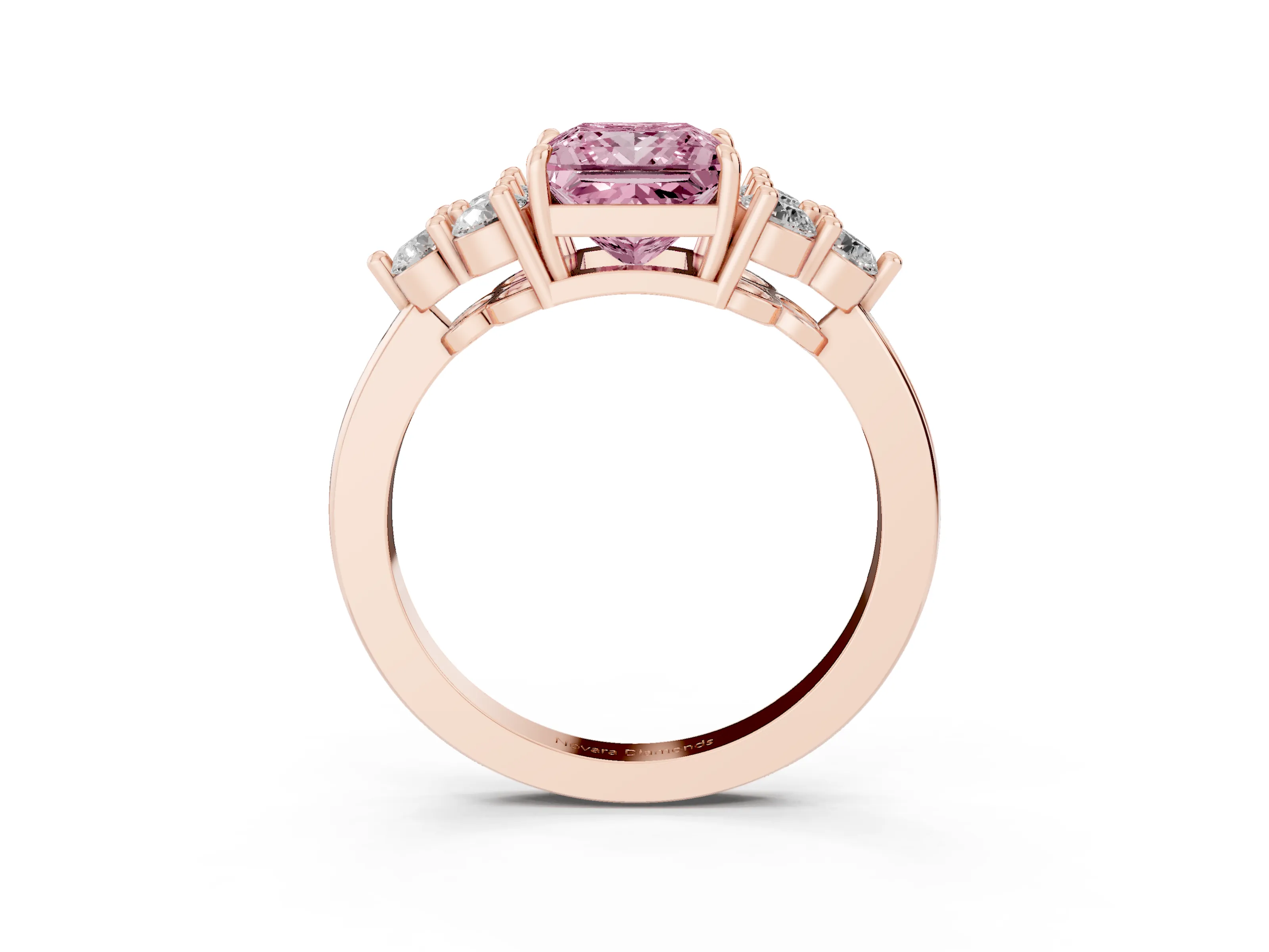 Fancy Pink Princess Cut Diamond Solitaire Ring Set in Rose gold with Cluster Accents on Each Side