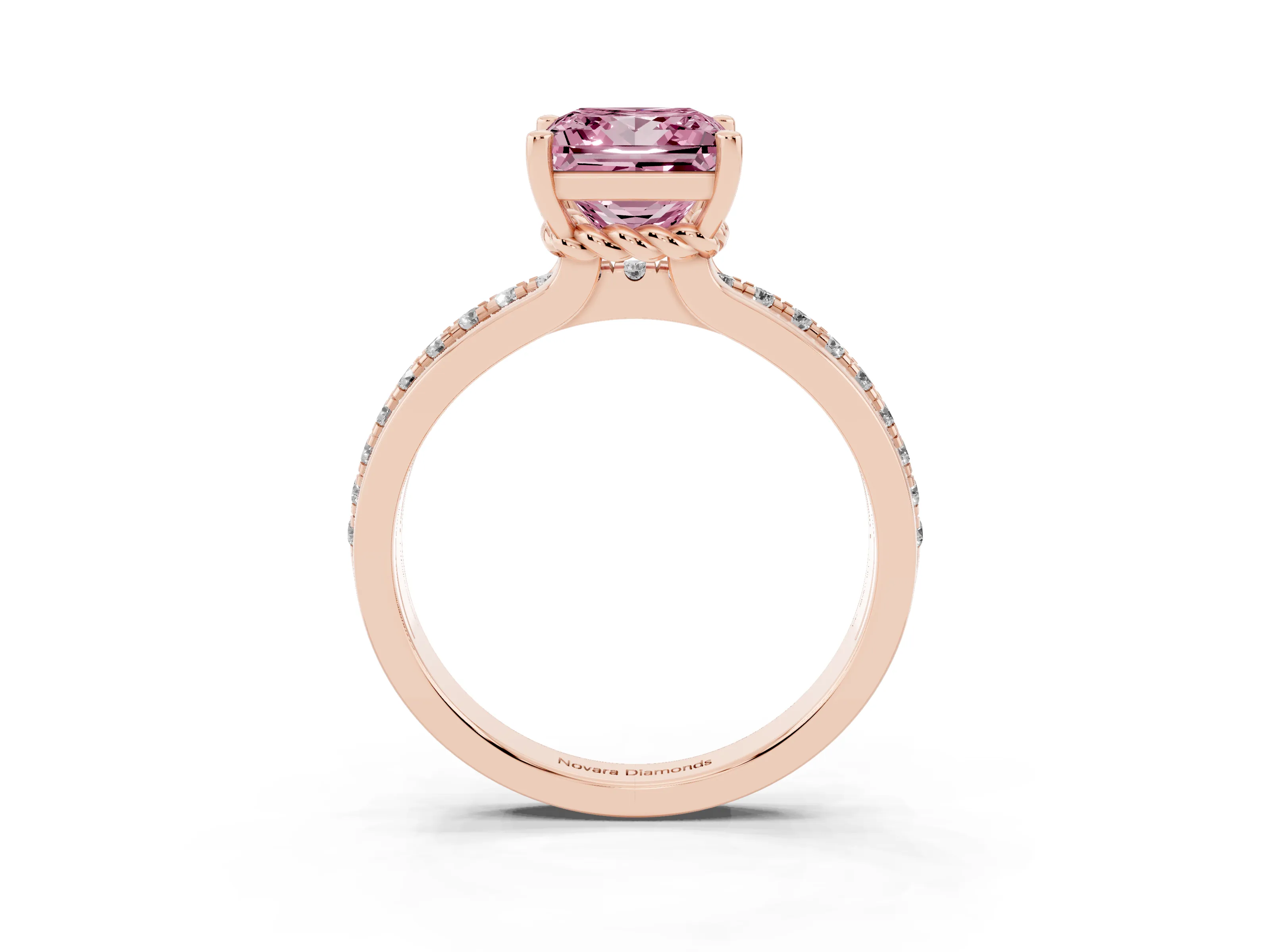 Fancy Pink Princess Cut Diamond Solitaire Ring Set in Rose gold with Channel Set Band and Prong Setting
