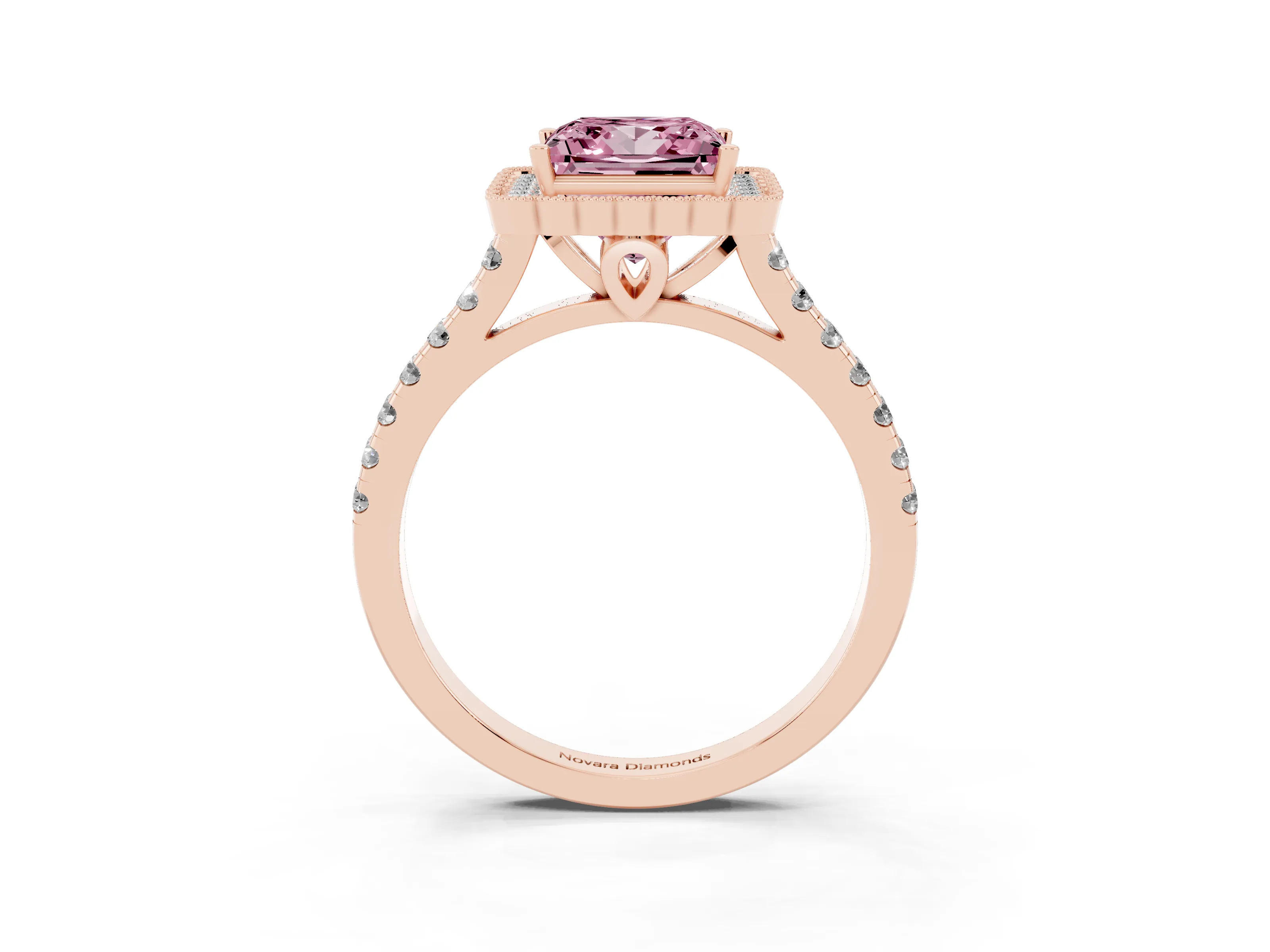 Fancy Pink Princess Cut Diamond Milgrain Floral Halo Engagement Ring Set in Rose gold with Pavé Band