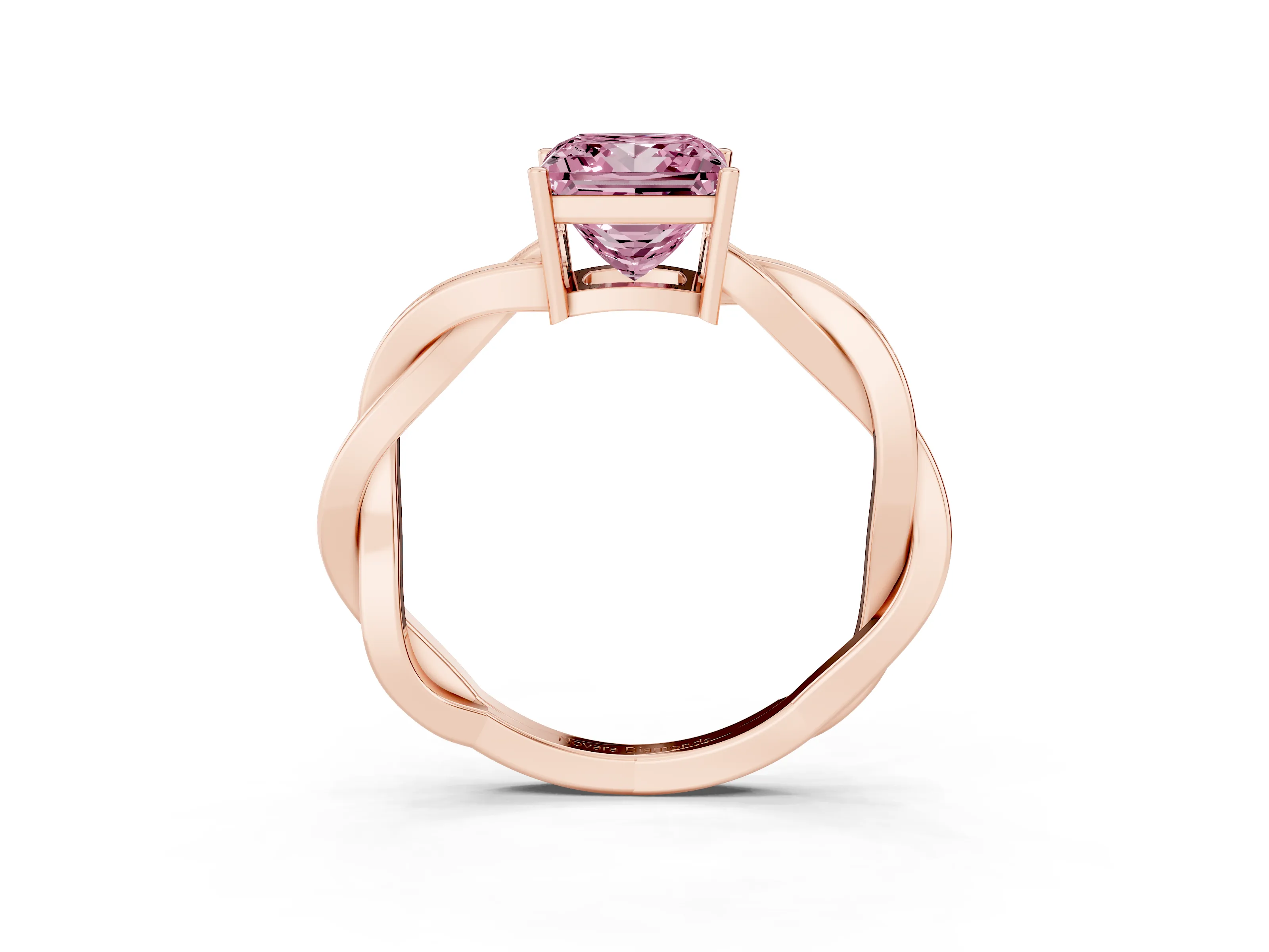 Fancy Pink Princess Cut Diamond Solitaire Twisted Pavé Ring Set in Rose gold with Prong Setting