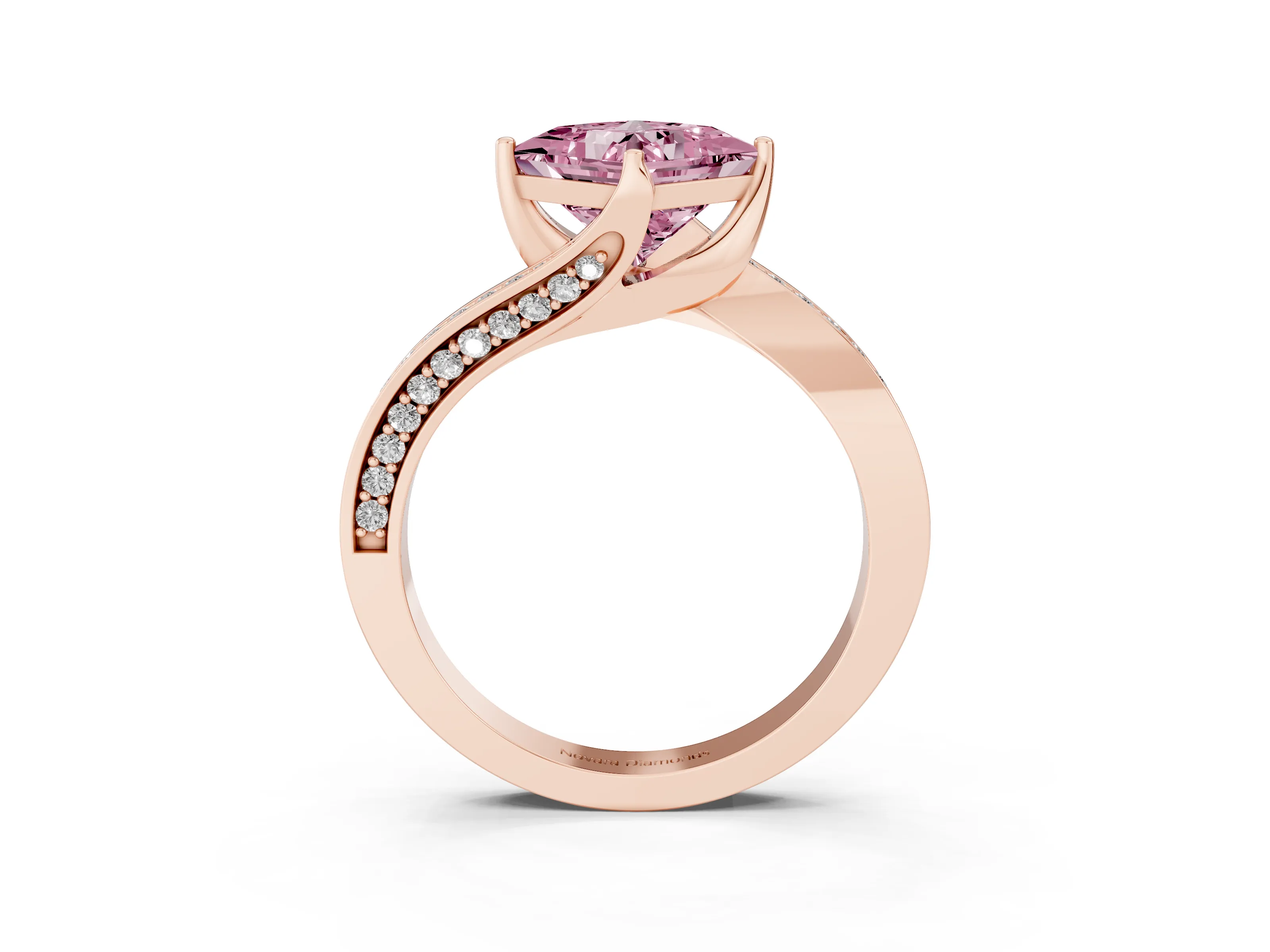 Fancy Pink Princess Cut Diamond Solitaire Ring Set in Rose gold with Intertwined Pavé Twist Band