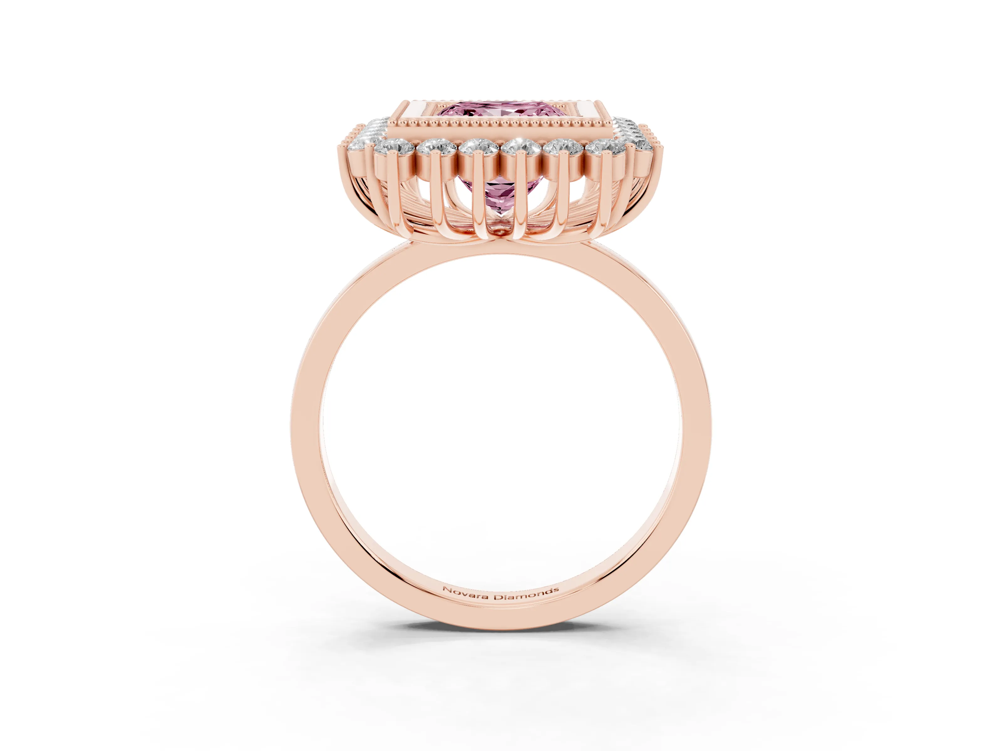 Fancy Pink Princess Cut Diamond Halo Ring Set in Rose gold with Milgrain Edge and Round Prong Setting