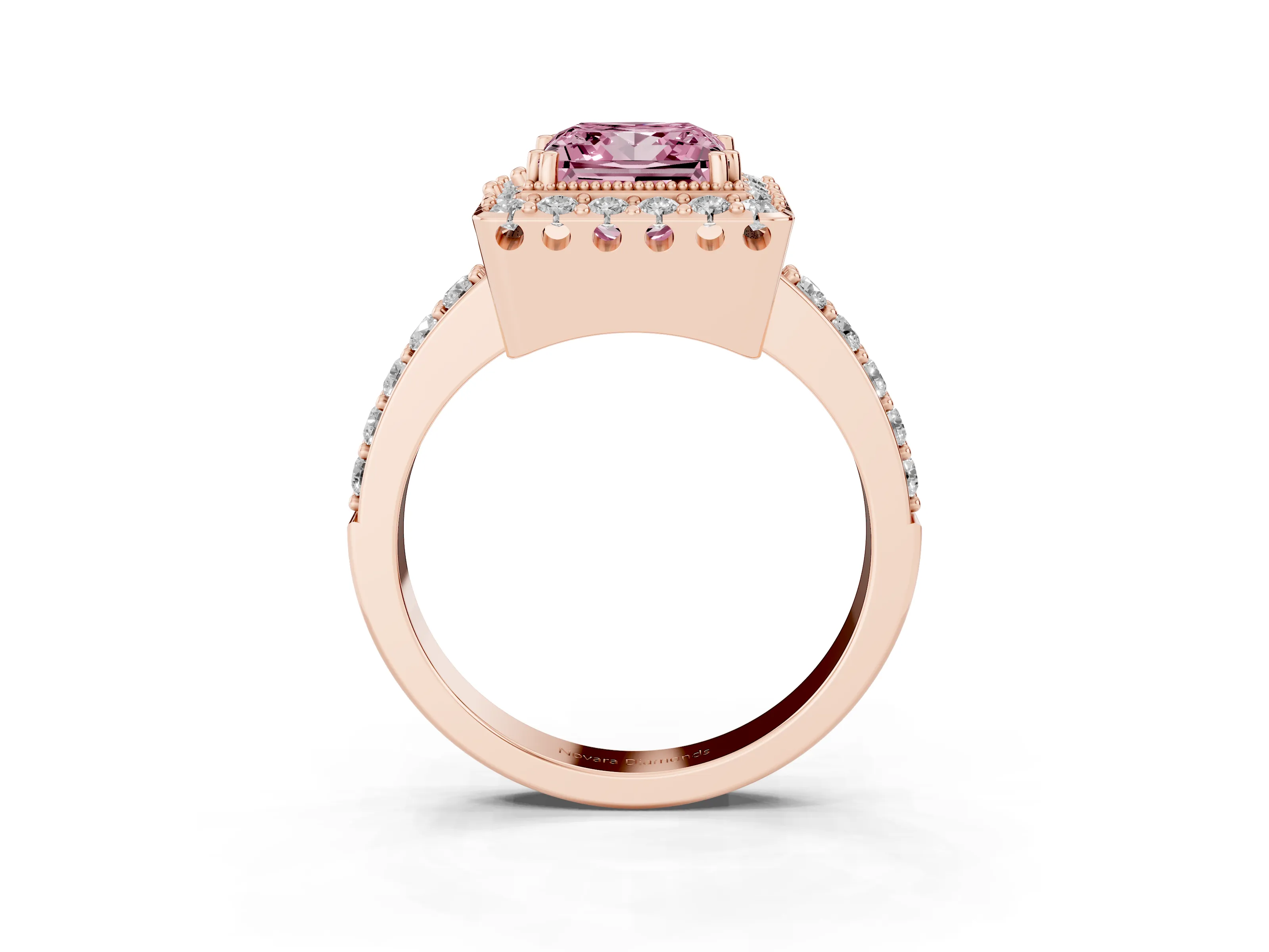 Fancy Pink Princess Cut Diamond Halo Ring Set in Rose gold with Pavé Shank and Prong Setting