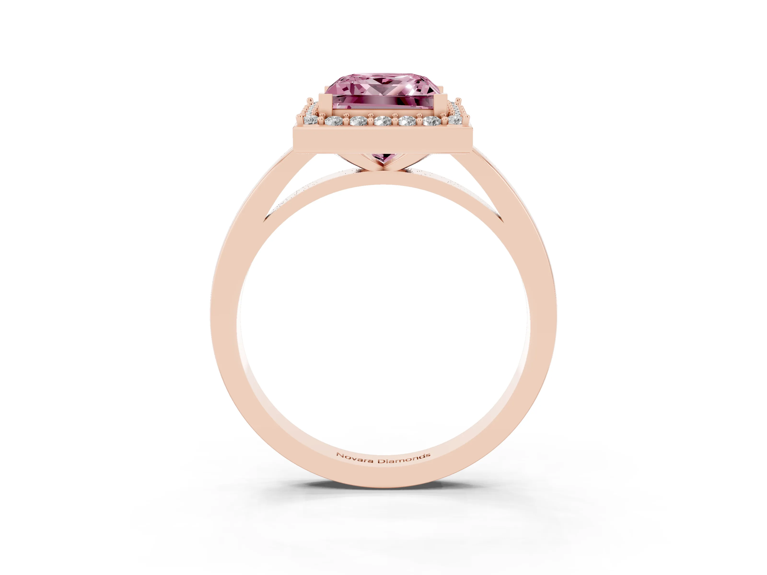 Fancy Pink Princess Cut Diamond Halo Ring Set in Rose gold with Solitaire Band and Prong Setting