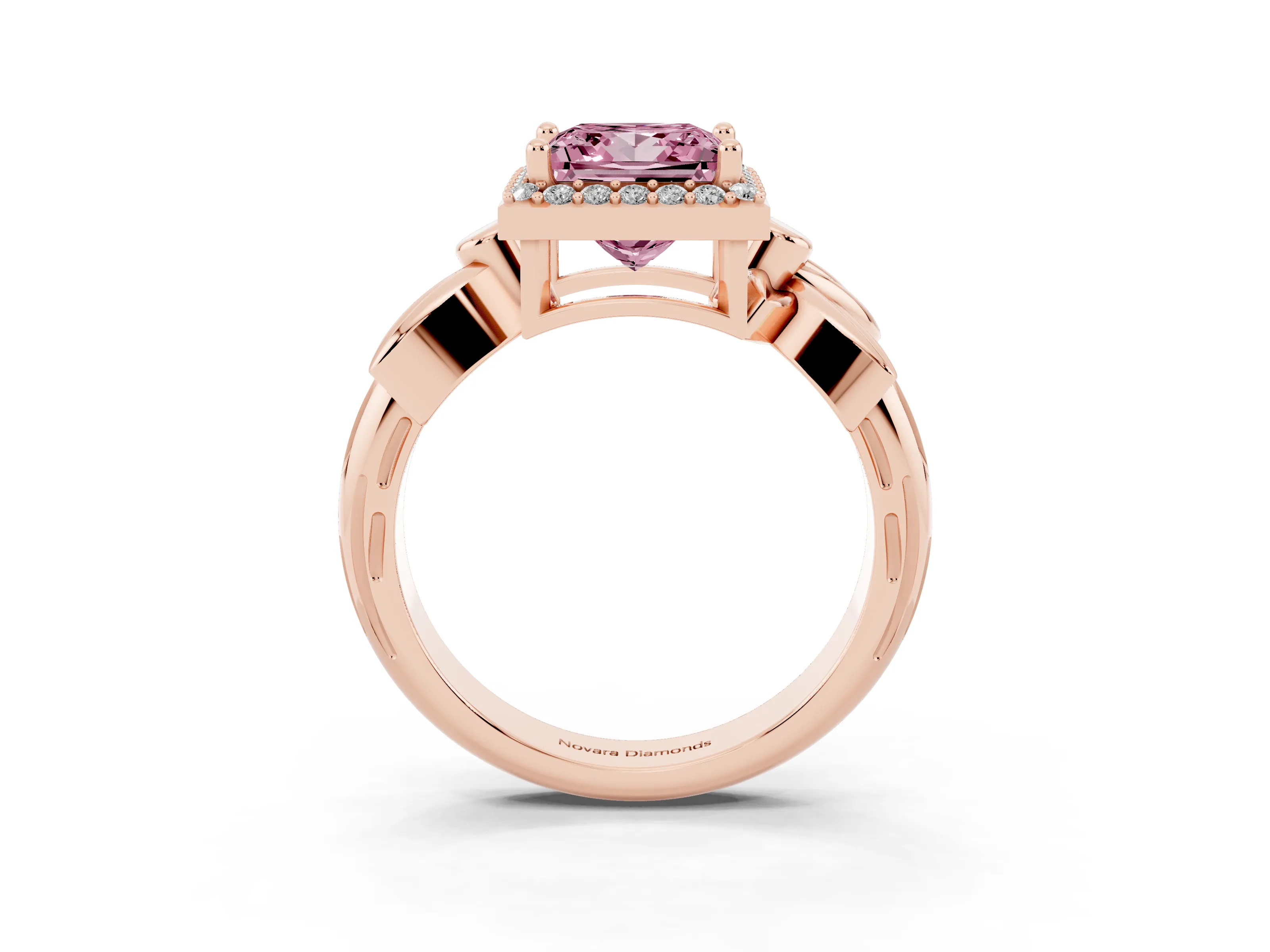 Fancy Pink Princess Cut Diamond Halo Floral Band Ring Set in Rose gold with Prong Setting