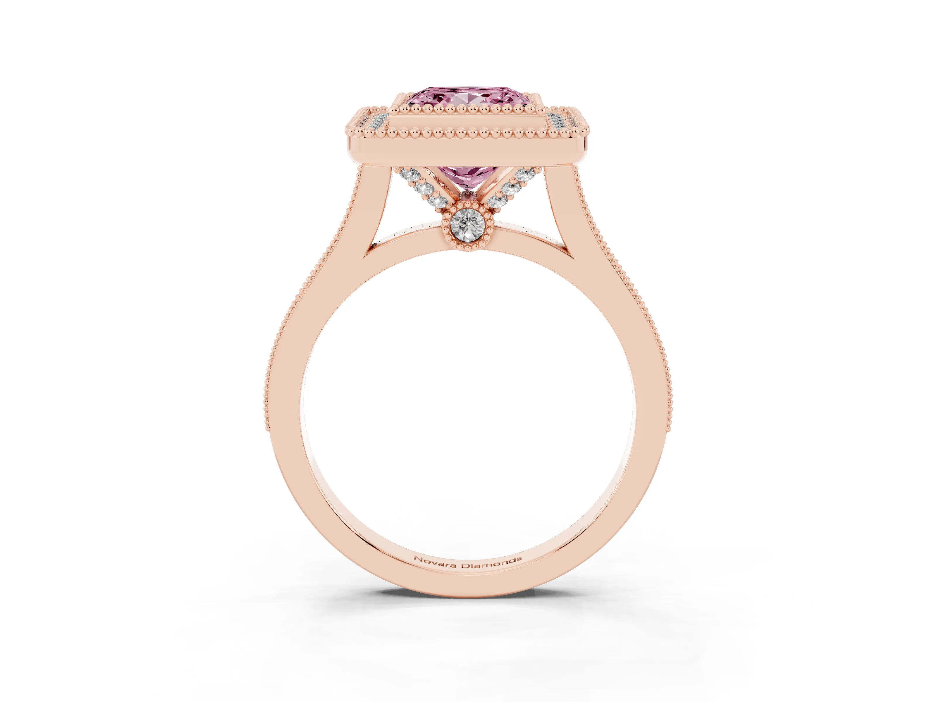 Fancy Pink Princess Cut Diamond Halo Ring Set in Rose gold with Milgrain Frame and Pavé Band