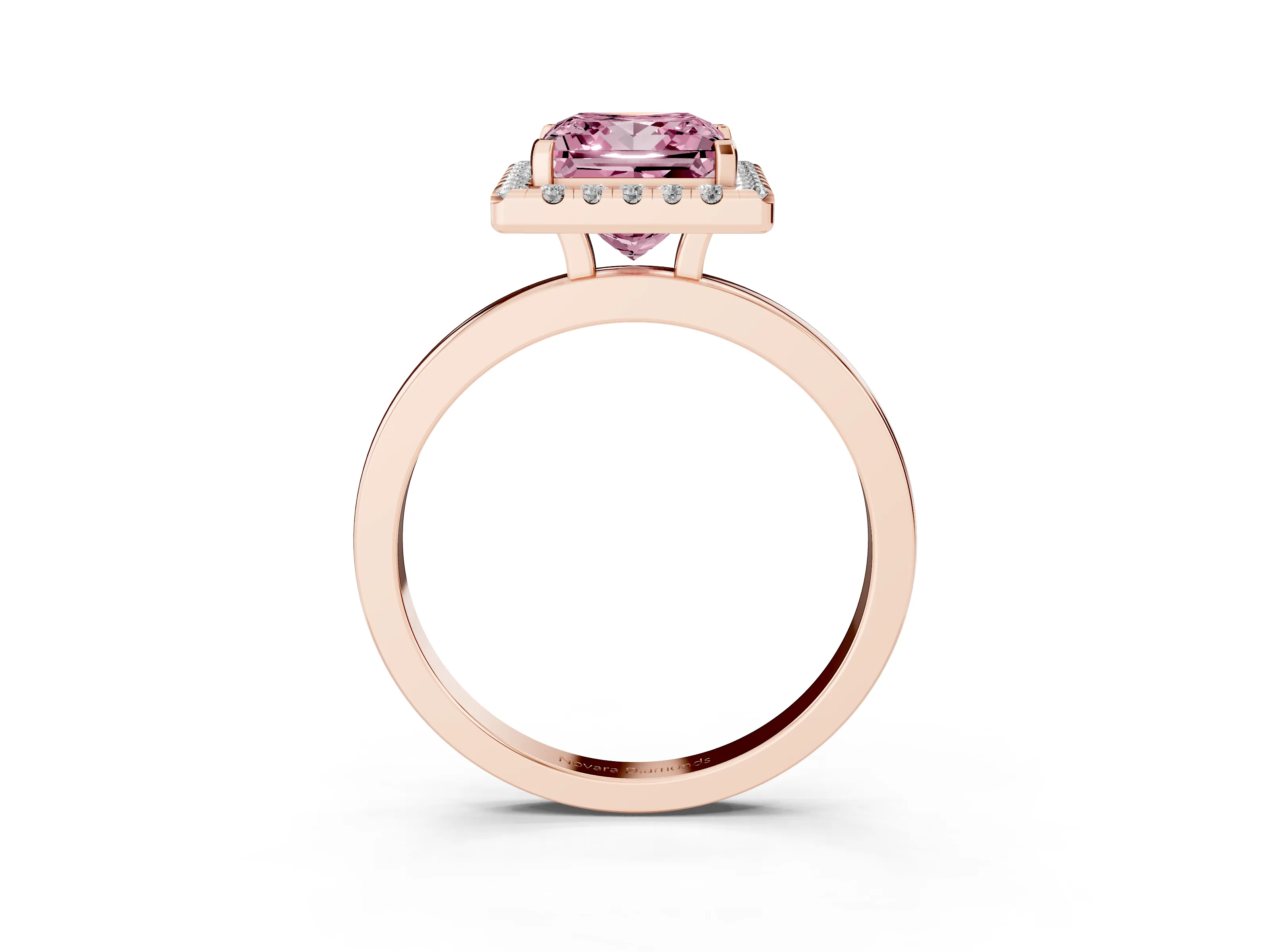 Fancy Pink Princess Cut Diamond Halo Solitaire Ring Set in Rose gold with Pavé Band and Prong Setting