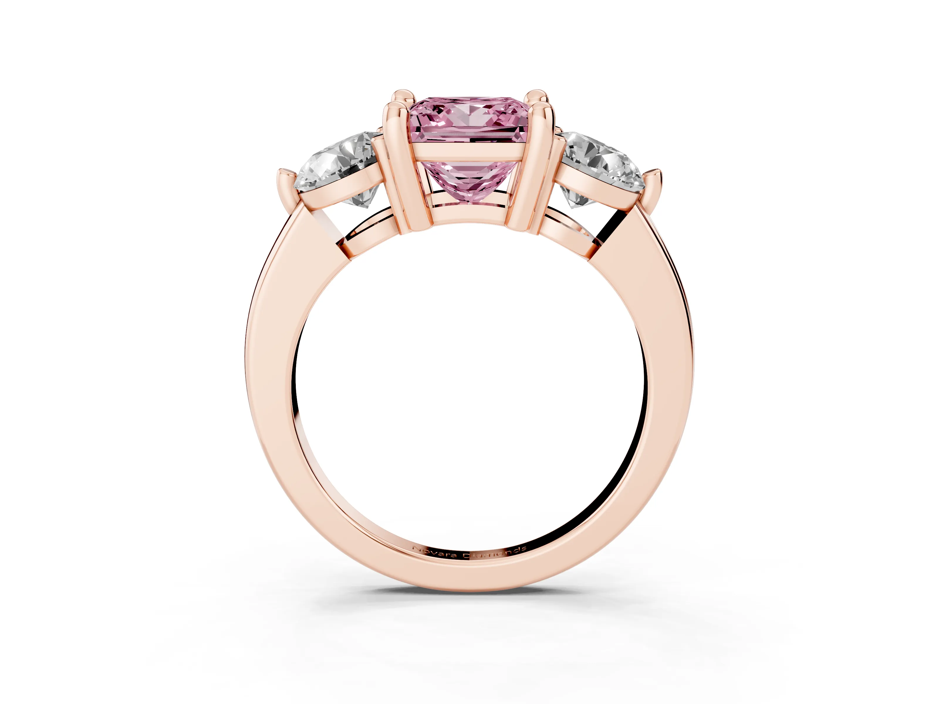Fancy Pink Princess Cut Diamond Three-Stone Ring Set in Rose gold with Prong Setting and Classic Band