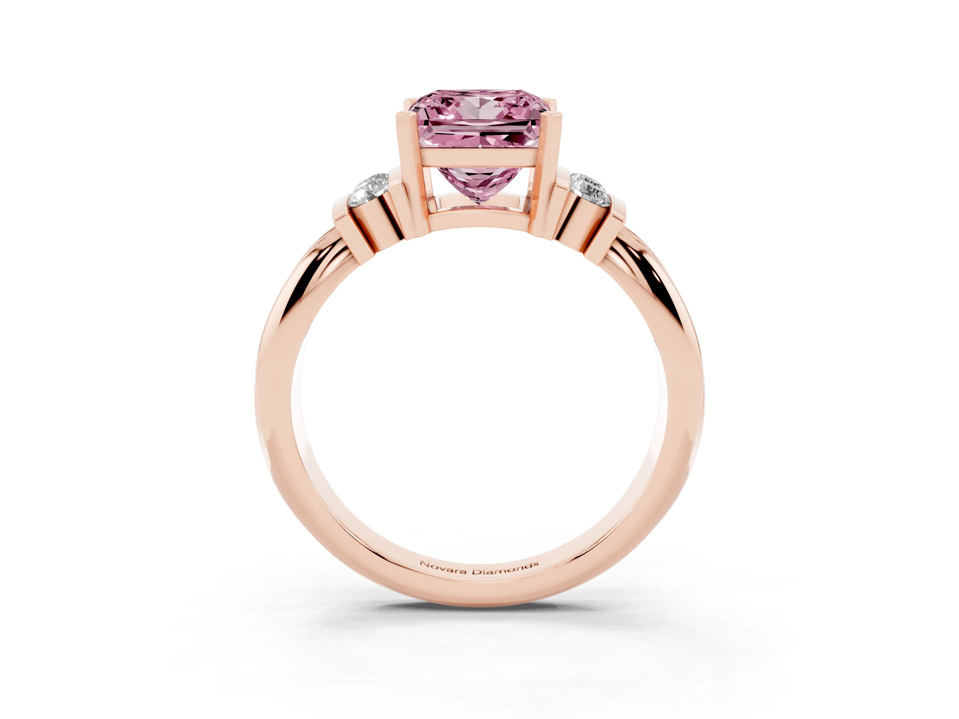 Fancy Pink Three-Stone Princess Cut Diamond Channel Set Ring Set in Rose gold with Bar Prongs