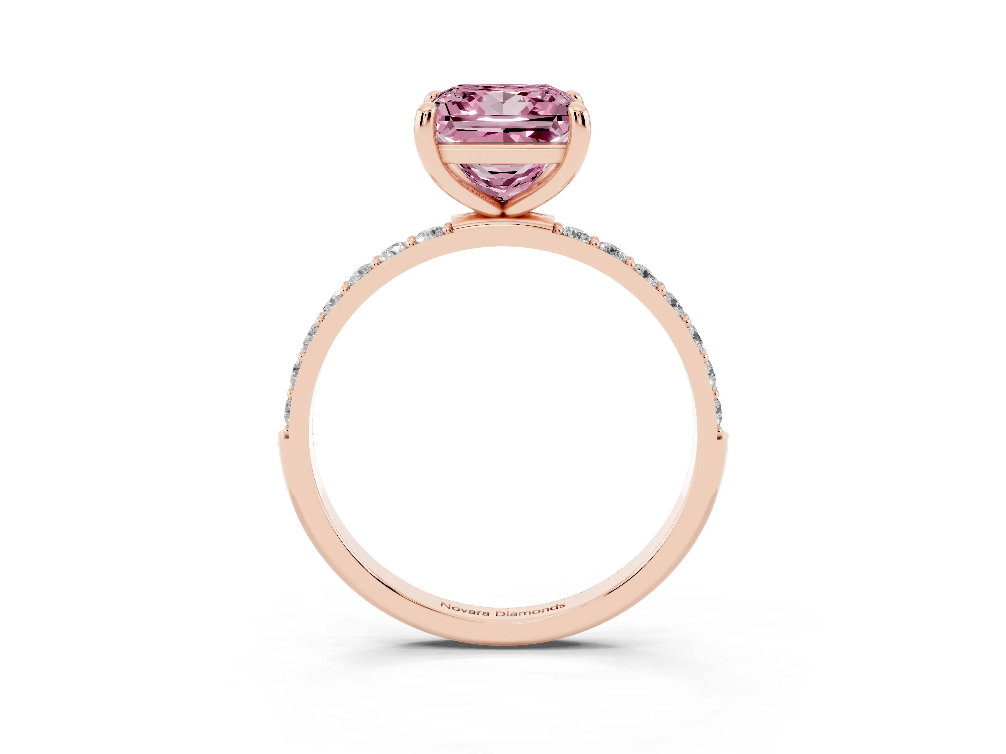 Fancy Pink Princess Cut Diamond Solitaire Ring Set in Rose gold with Round Pavé Band and Prong Setting