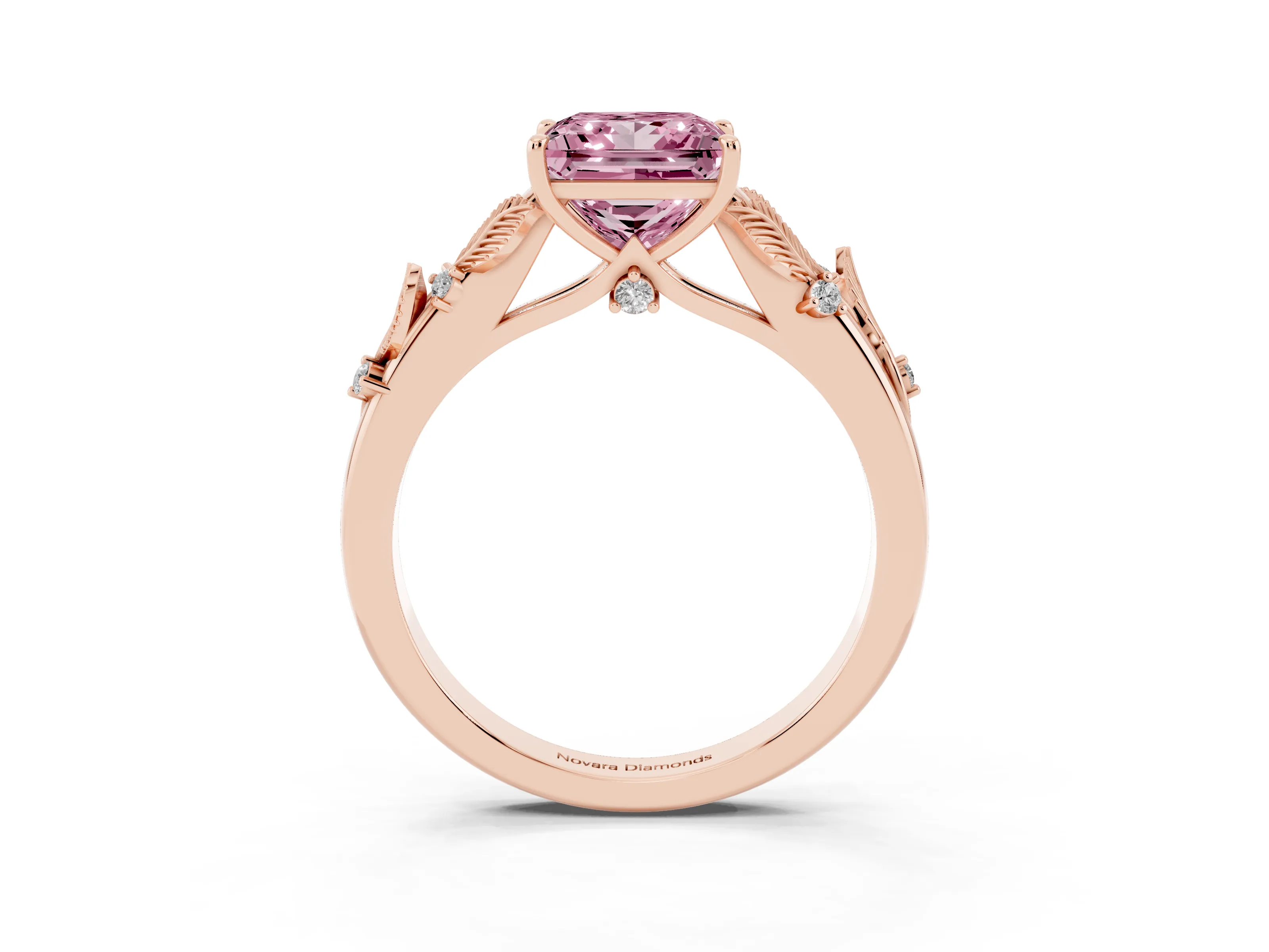 Fancy Pink Princess Cut Diamond Solitaire Ring Set in Rose gold with Leaf Motif Band