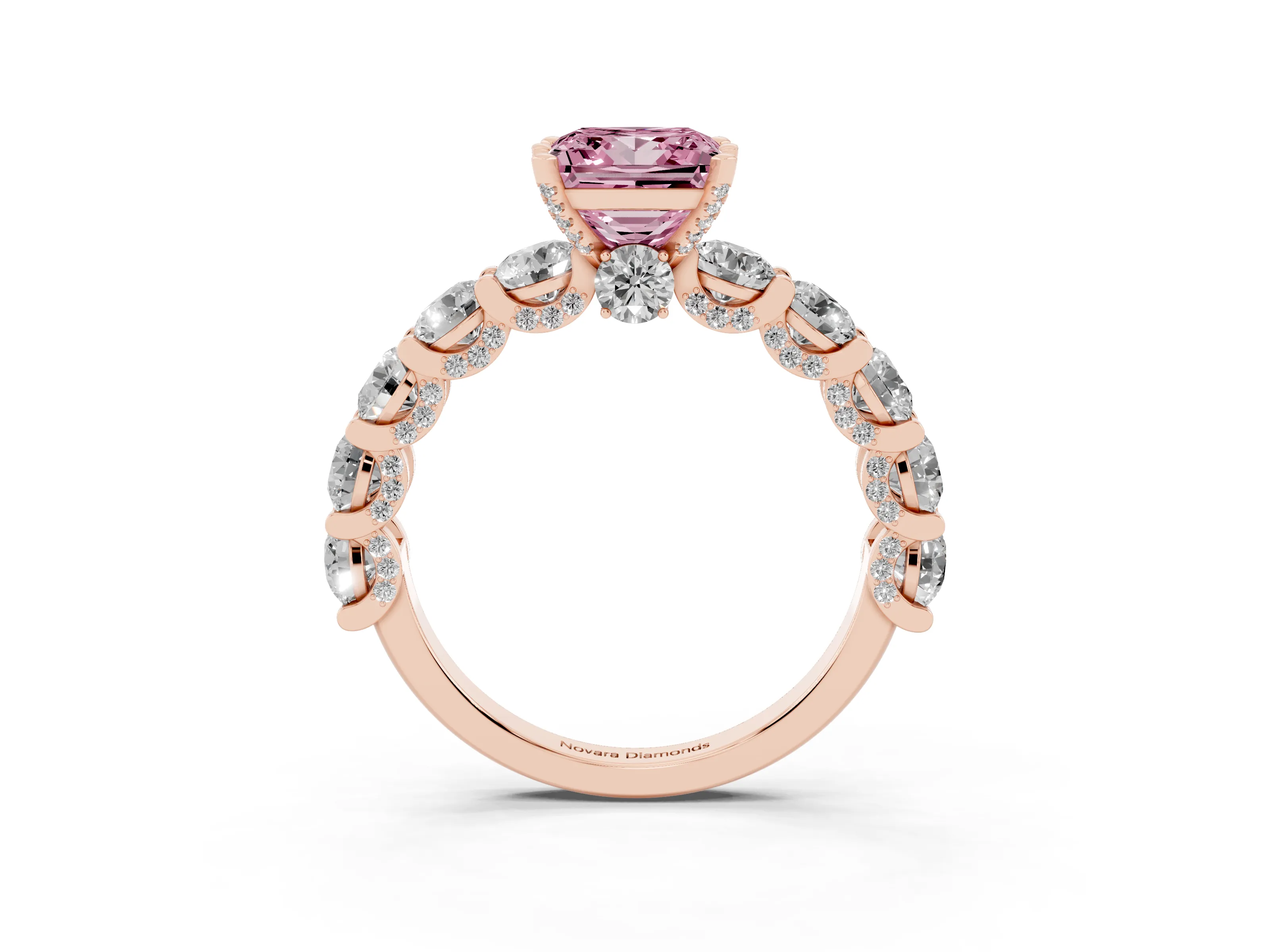Fancy Pink Princess Cut Diamond Side Stone Ring Set in Rose gold with Alternating Round and Oval Side Stones