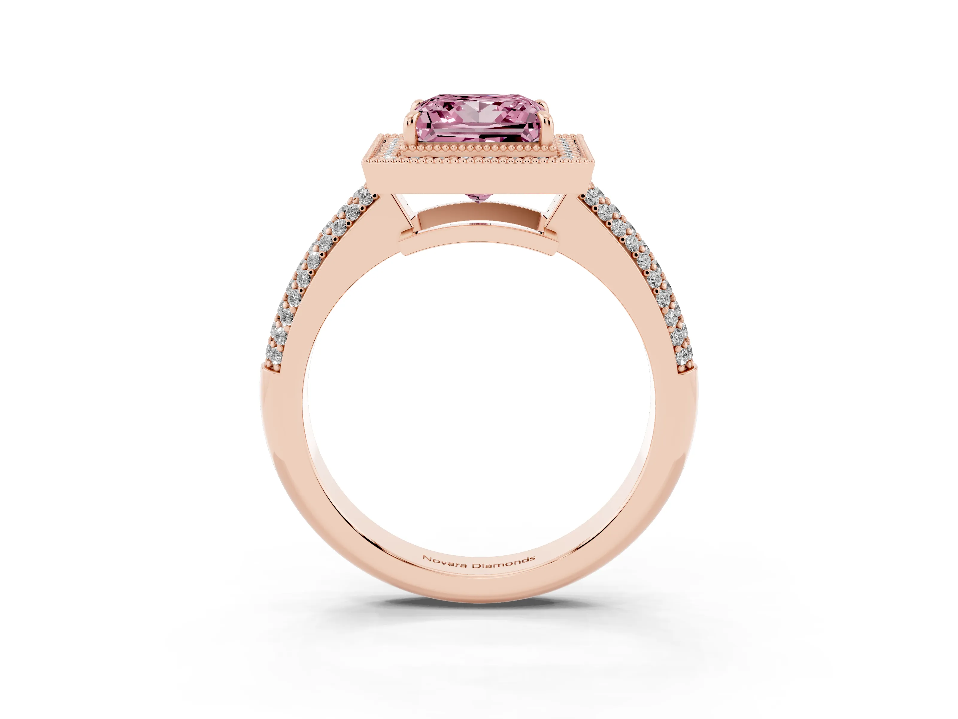 Fancy Pink Princess Cut Diamond Halo Pavé Band Set in Rose gold with Prong Setting