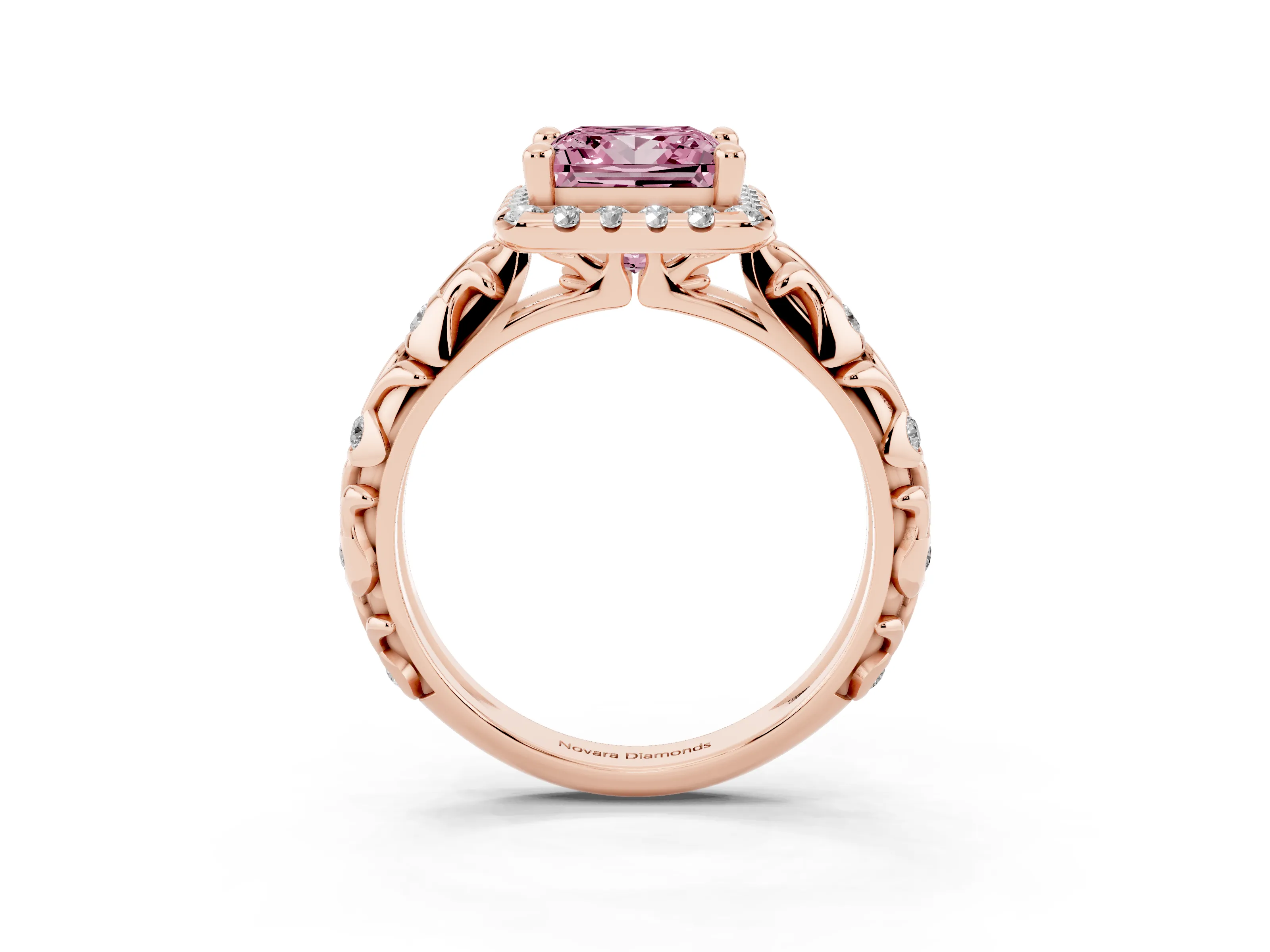 Fancy Pink Princess Cut Diamond Halo Ring Set in Rose gold with Filigree Leaf Band and Prong Setting