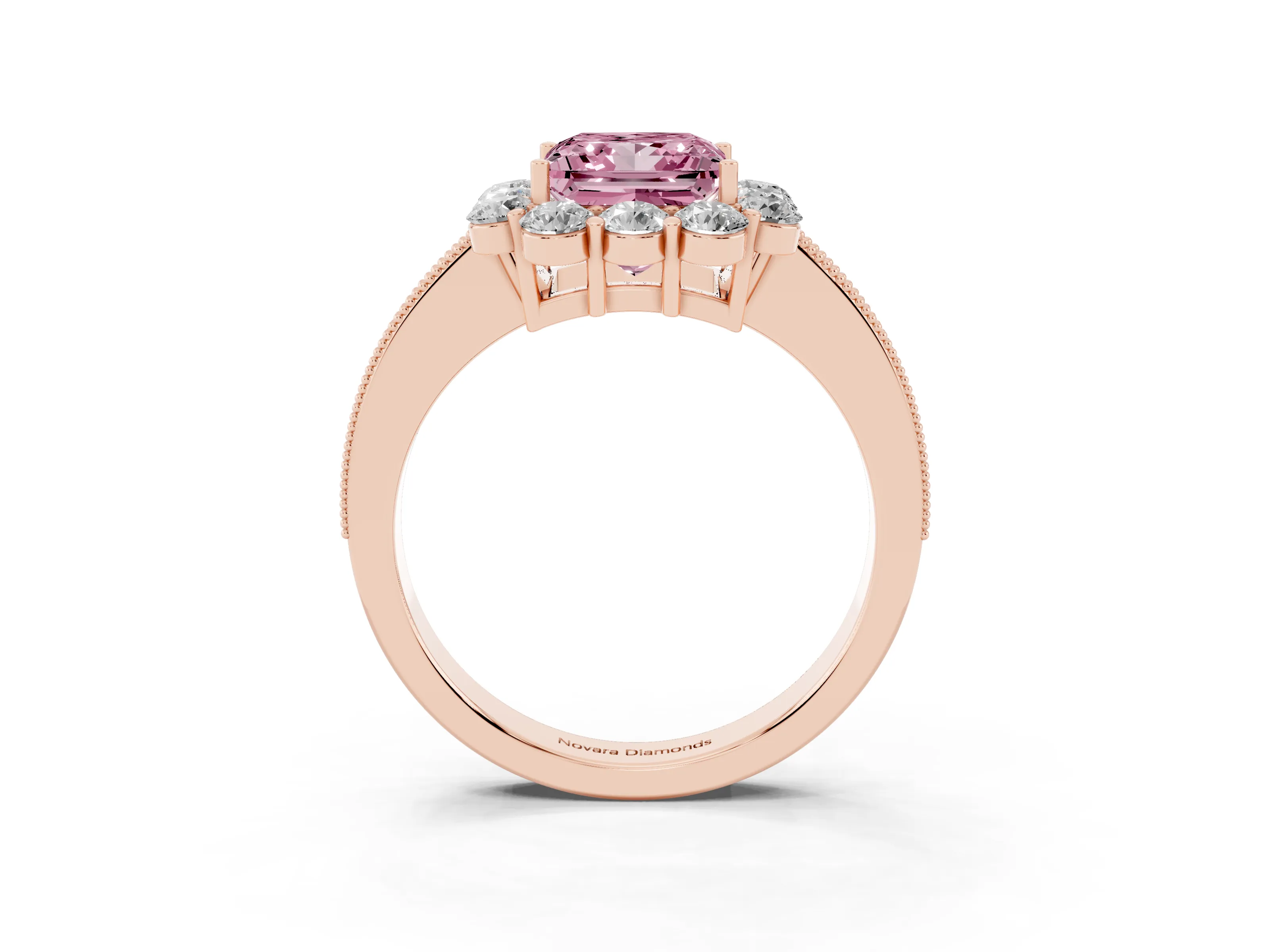 Fancy Pink Princess Cut Diamond Halo Pavé Engagement Ring Set in Rose gold with Milgrain Detailing