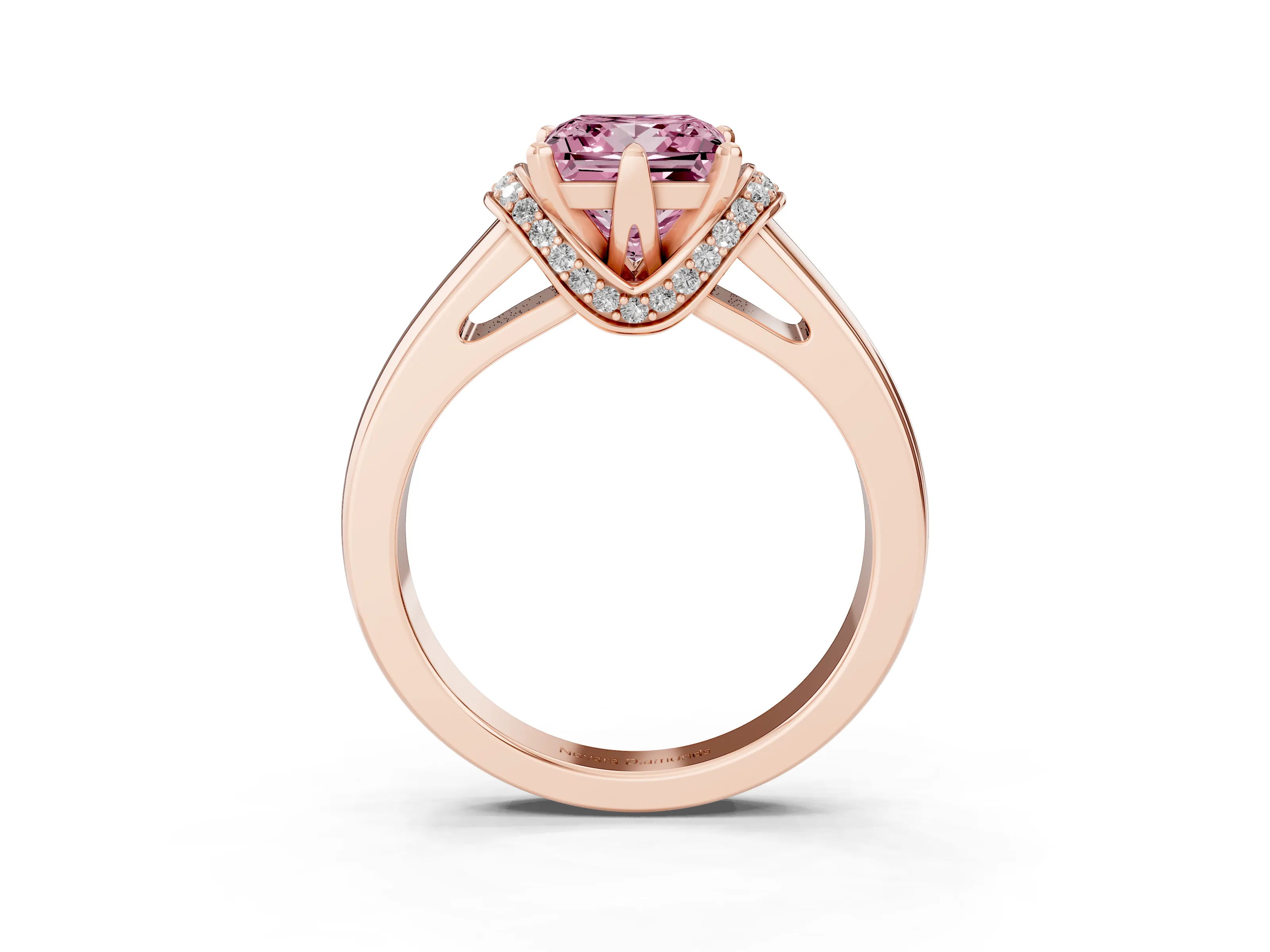 Fancy Pink Princess Cut Diamond Pavé Band Solitaire Ring Set in Rose gold with Prong Setting