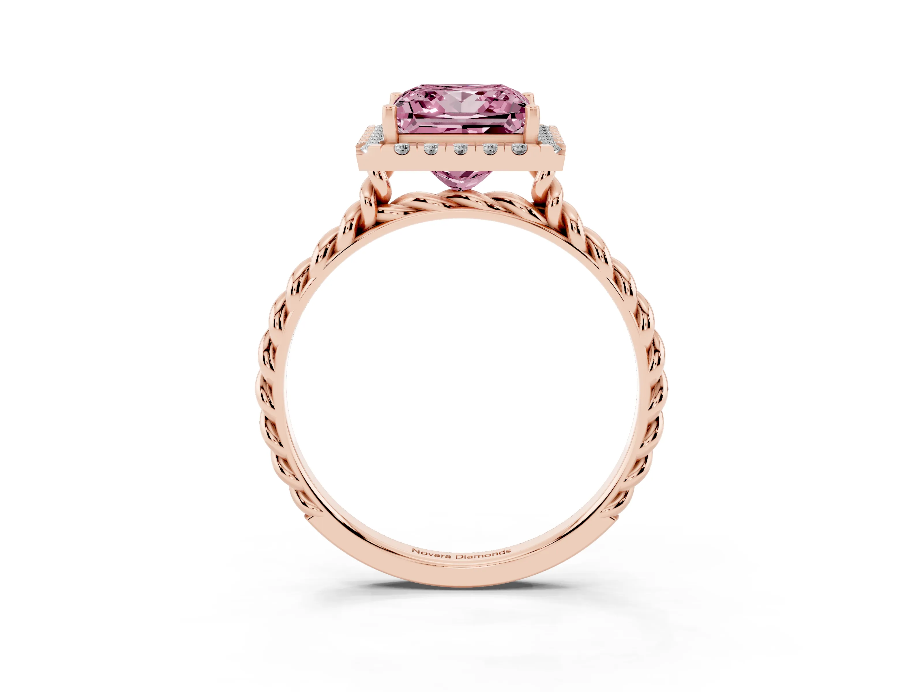 Fancy Pink Princess Cut Diamond Halo Ring Set in Rose gold with Plain Twisted Band