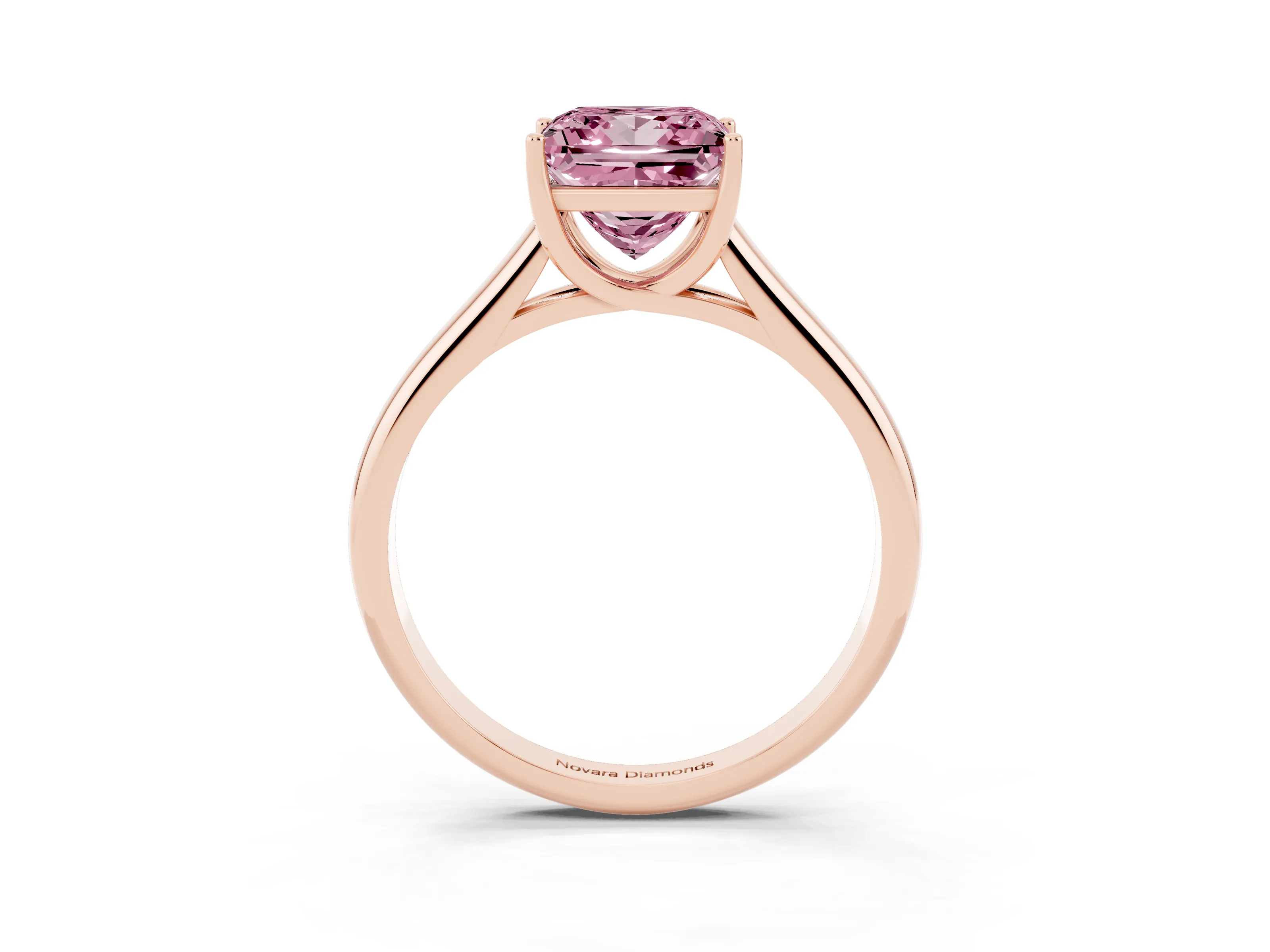 Fancy Pink Princess Cut Diamond Solitaire Engagement Ring Set in Rose gold with Subtly Tapered Band and Prong Setting