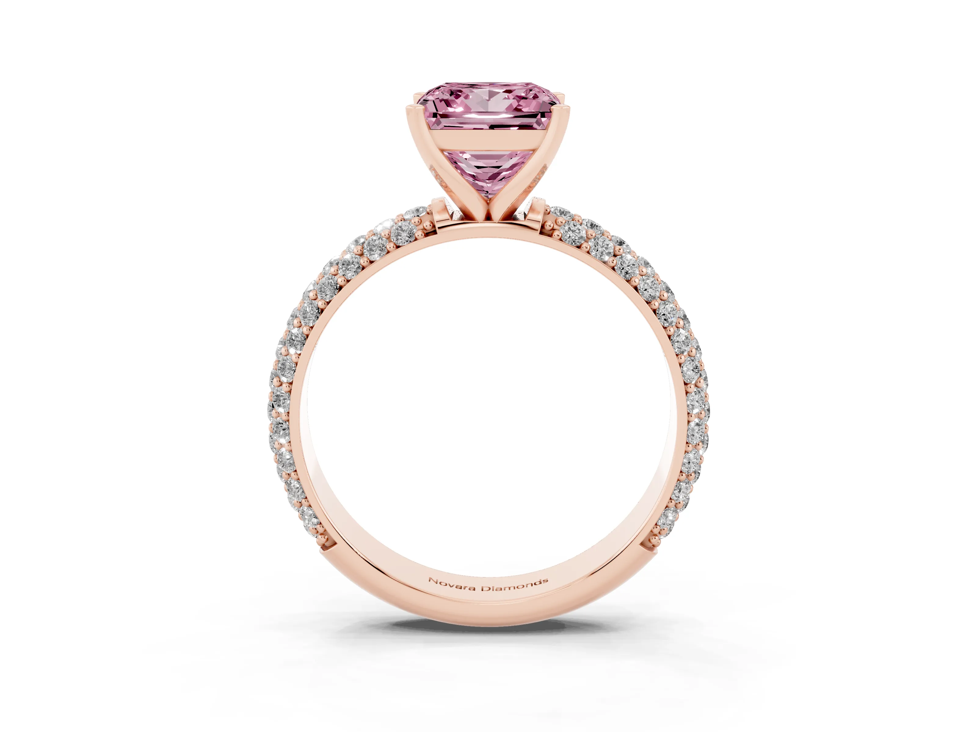 Fancy Pink Princess Cut Diamond Solitaire Ring Set in Rose gold with Prong Setting and Pavé-Set Band