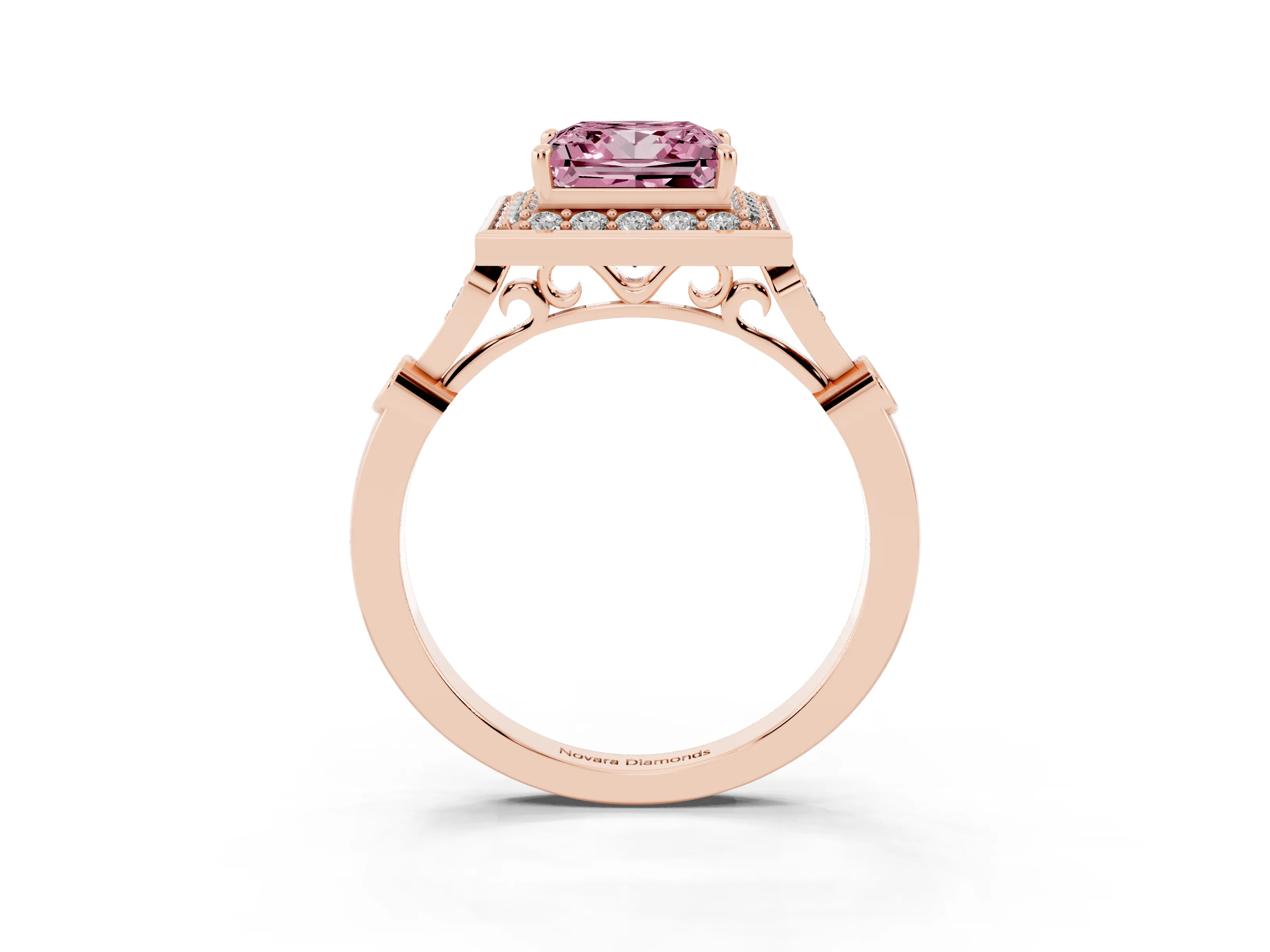 Fancy Pink Princess Cut Diamond Halo Engagement Ring Set in Rose gold with Twisted Band and Prong Setting