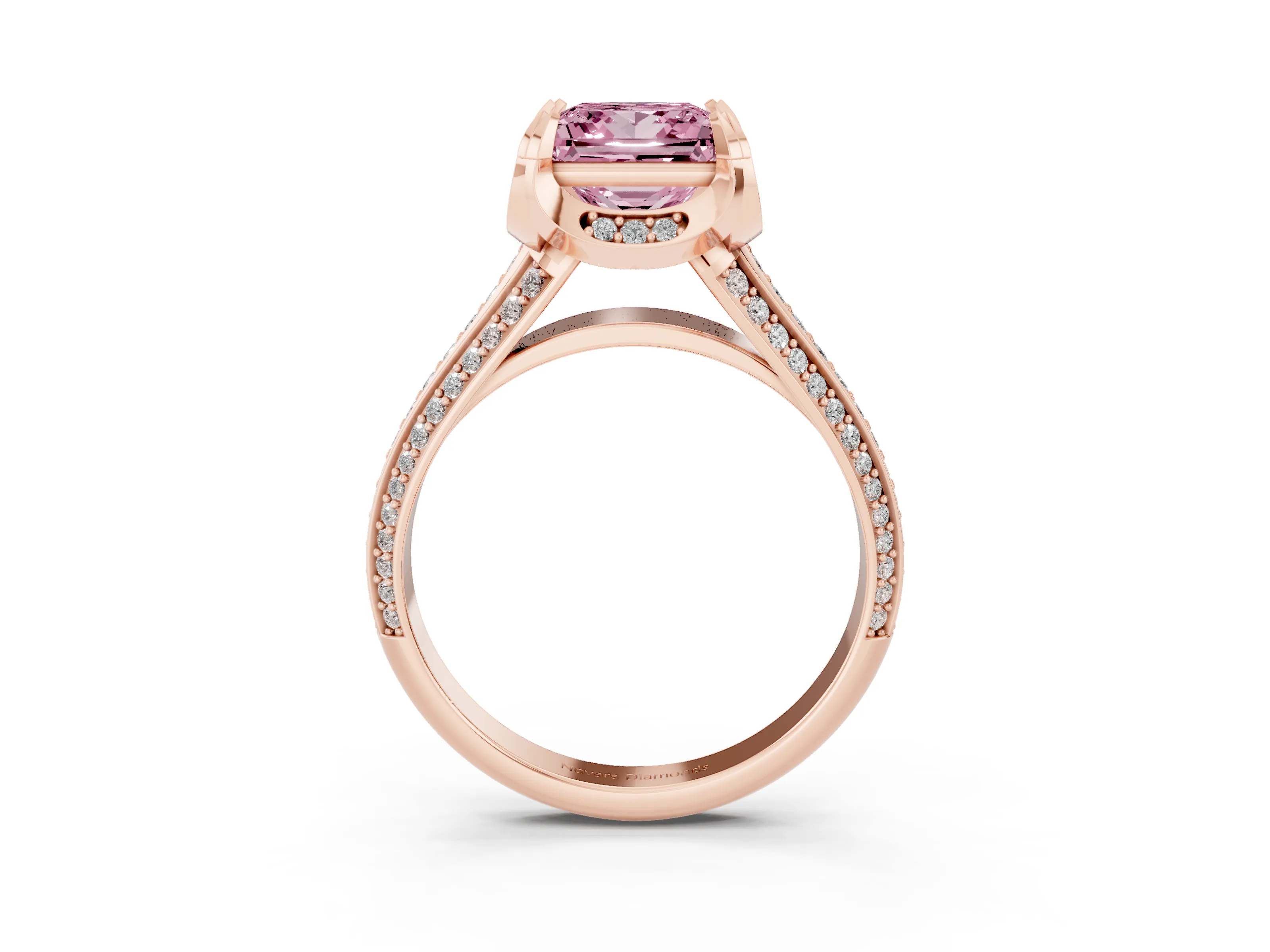 Fancy Pink Princess Cut Diamond Pavé Split Shank Solitaire Ring Set in Rose gold with Prong Setting