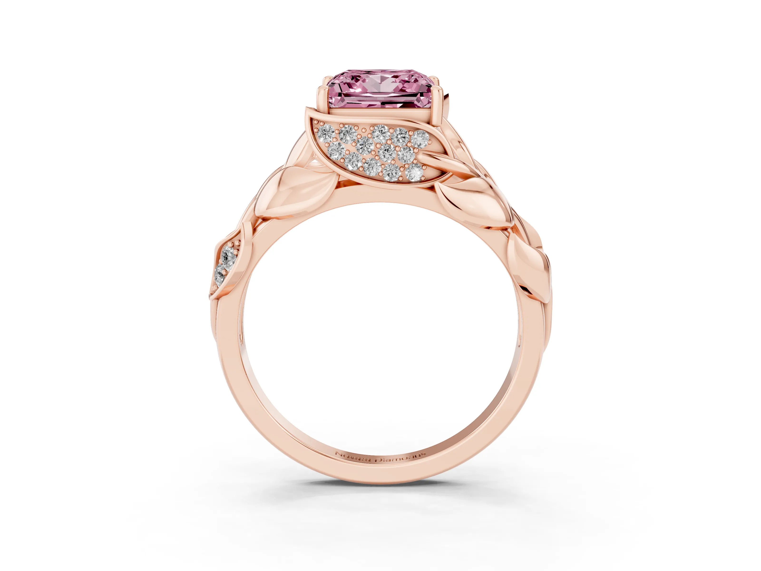 Fancy Pink Princess Cut Diamond Leaf-Inspired Engagement Ring Set in Rose gold with Round Accents