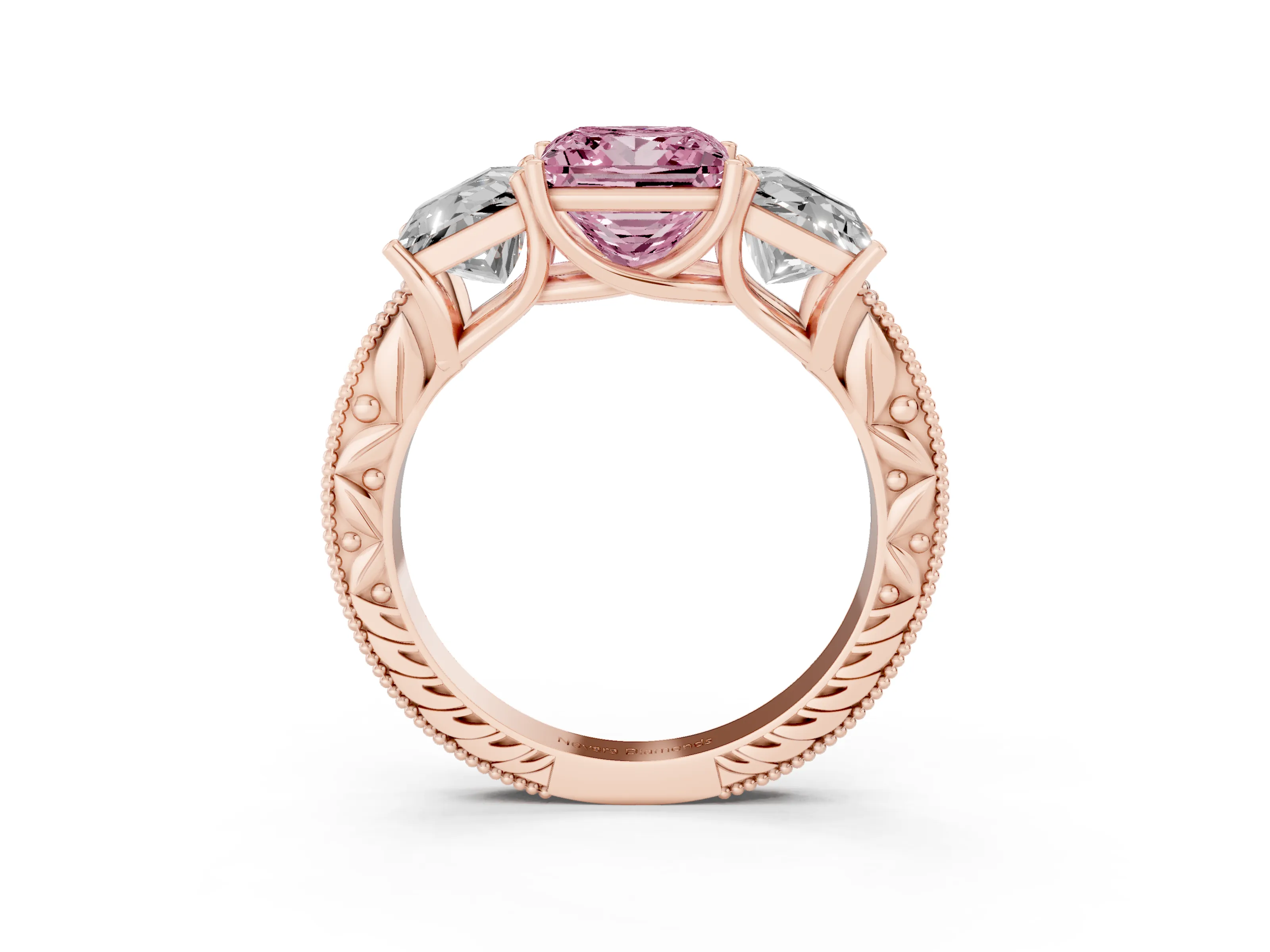 Fancy Pink Princess Cut Diamond Three-Stone Engagement Ring Set in Rose gold with Milgrain Pavé Band