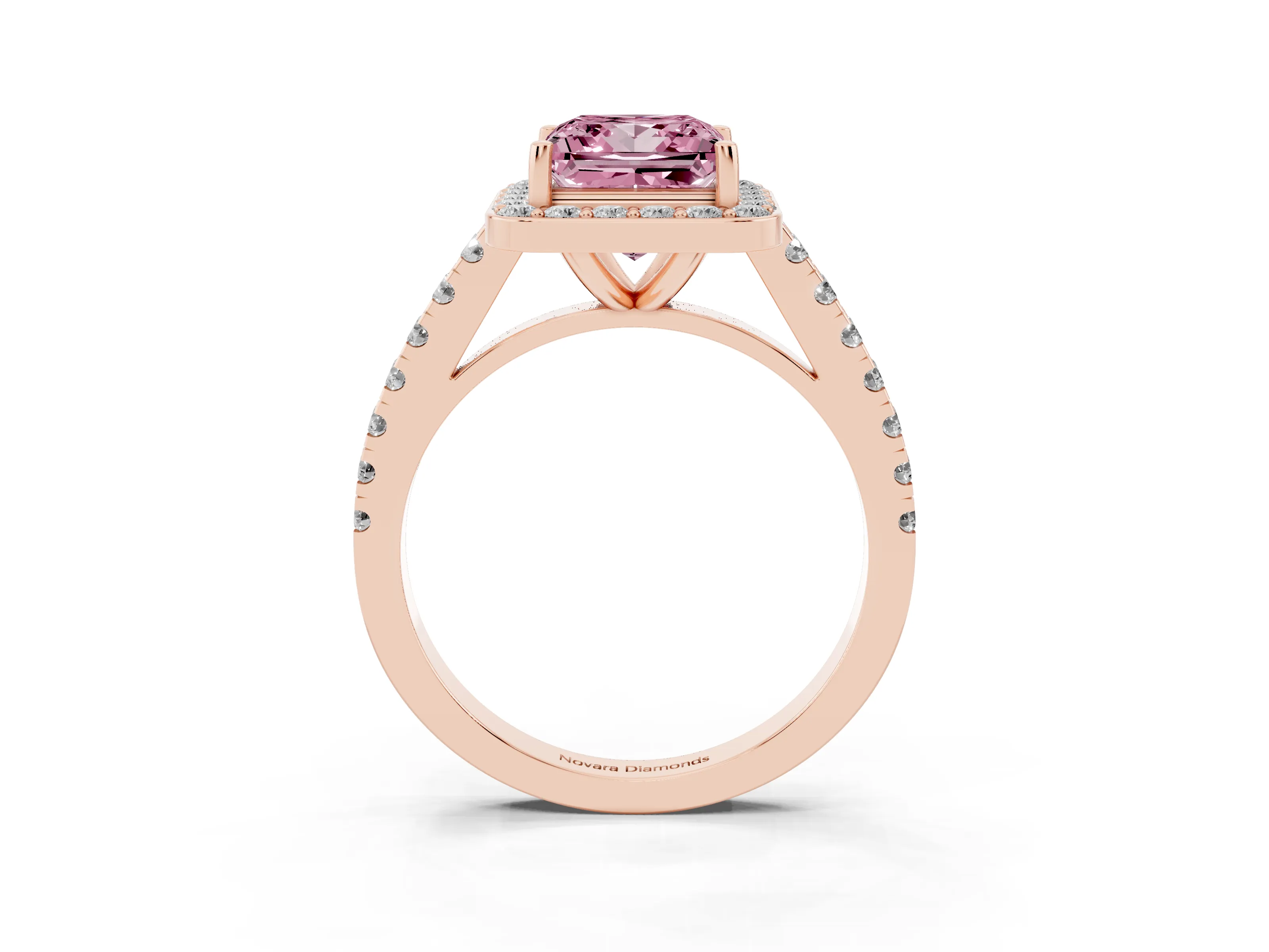 Fancy Pink Princess Cut Diamond Halo Ring Set in Rose gold with Round Pavé Split Shank and Prong Setting