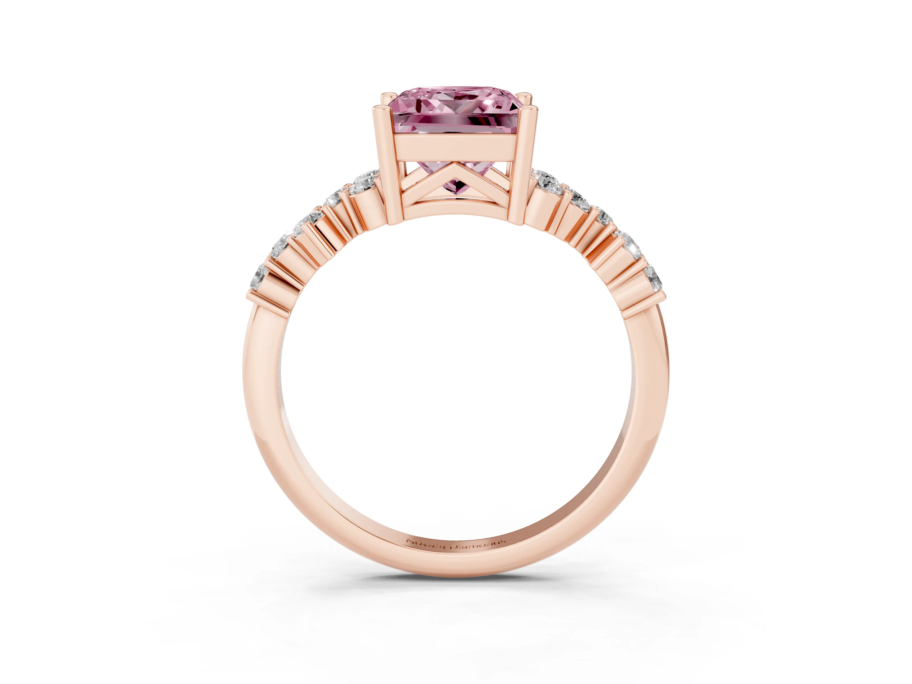 Fancy Pink Princess Cut Diamond Ring Set in Rose gold with Scattered Round Accents