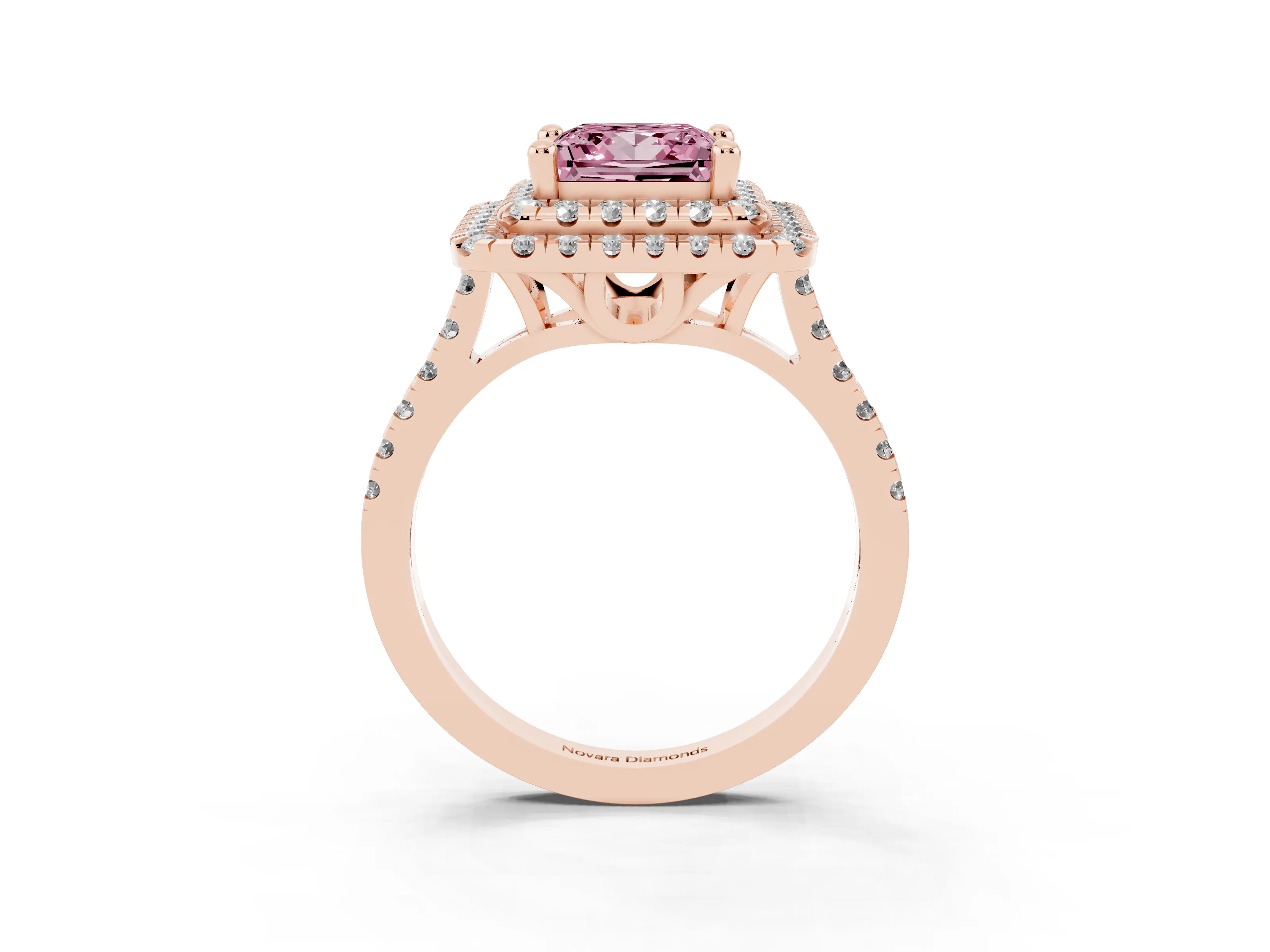 Fancy Pink Princess Cut Diamond Double Halo Statement Ring Set in Rose gold with Pavé Band