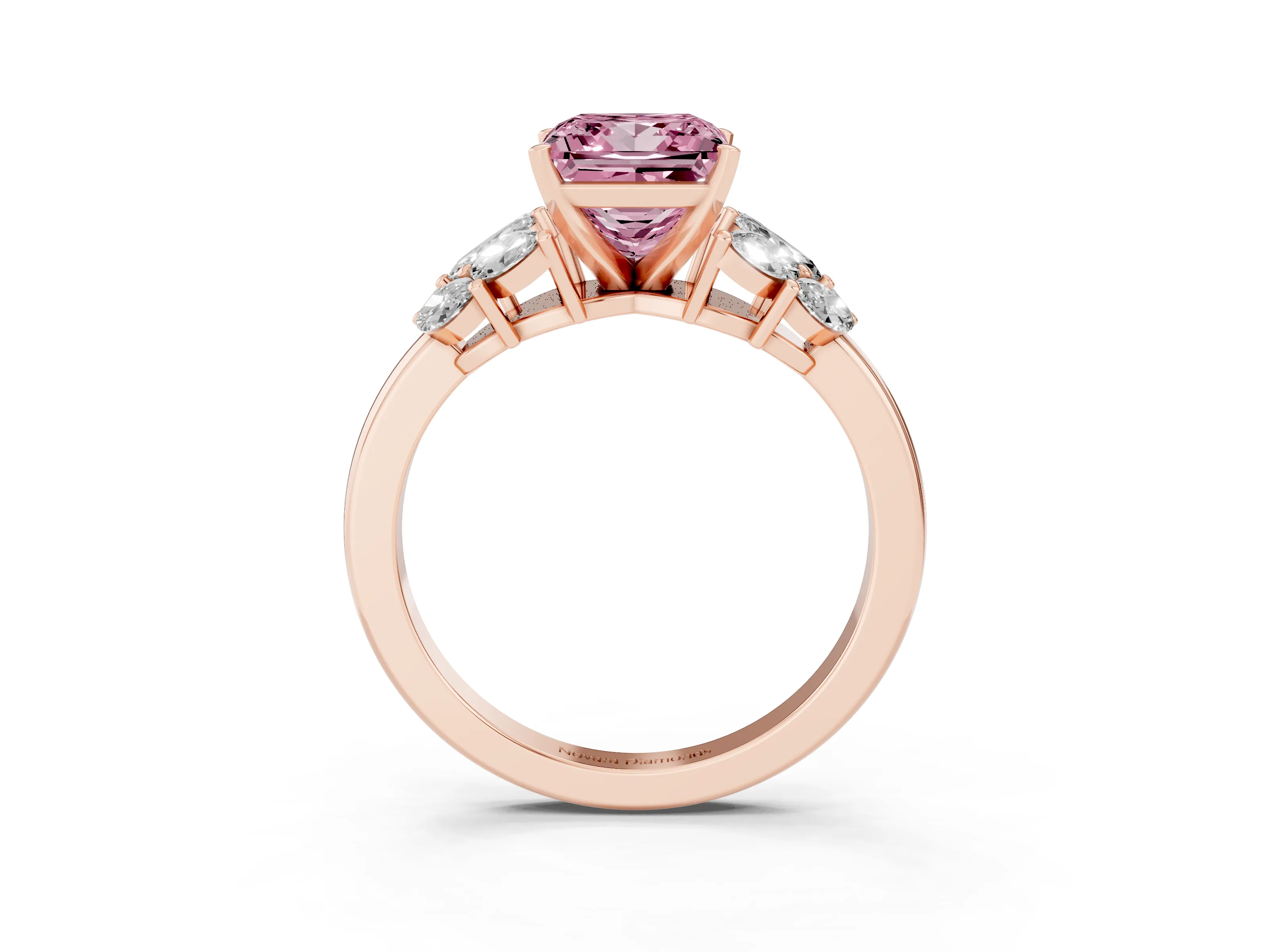 Fancy Pink Princess Cut Diamond Cluster Leaf Design Ring Set in Rose gold with Prong Setting