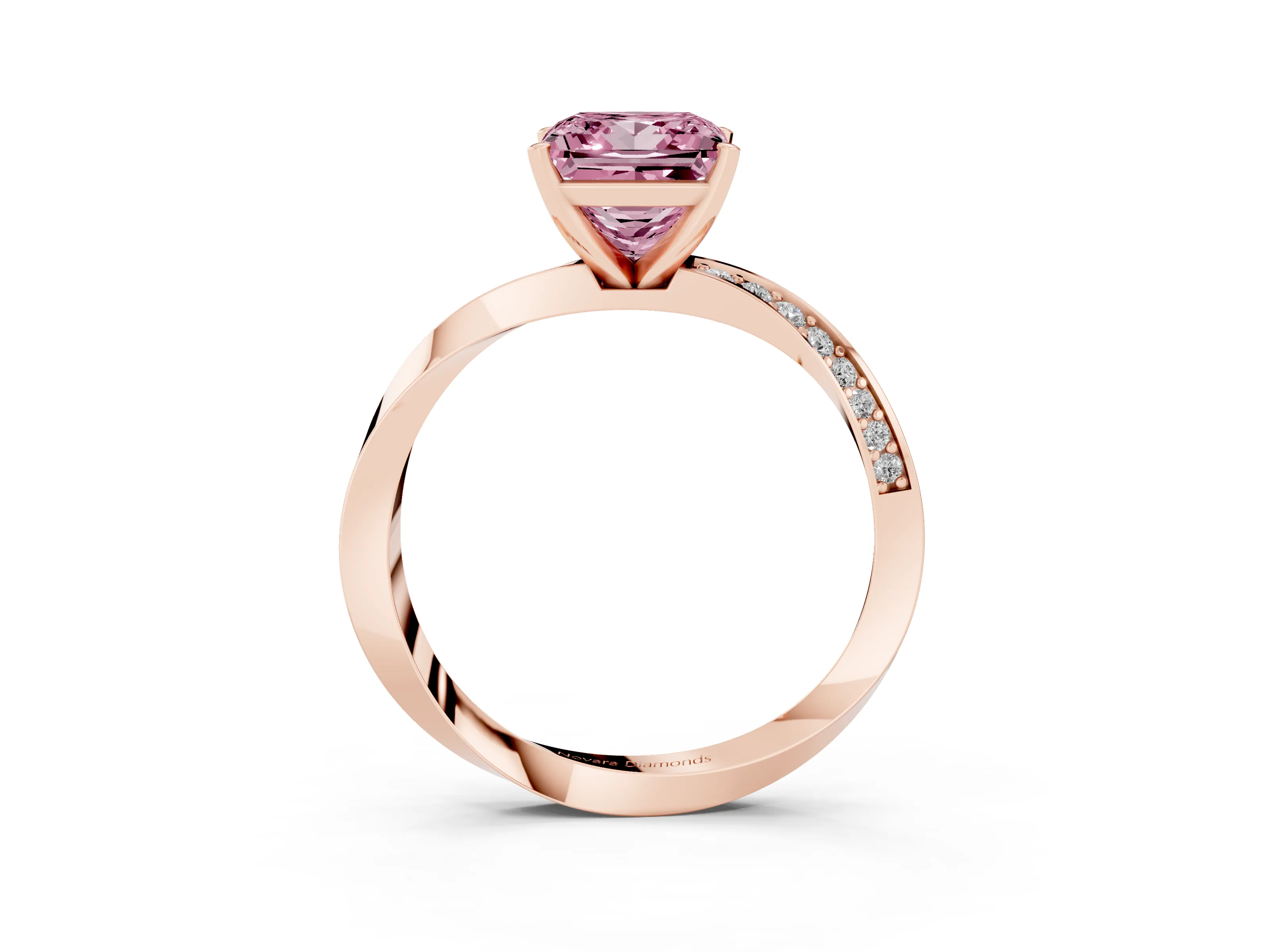 Fancy Pink Princess Cut Diamond Engagement Ring Set in Rose gold with Side Stone Accents and Prong Setting