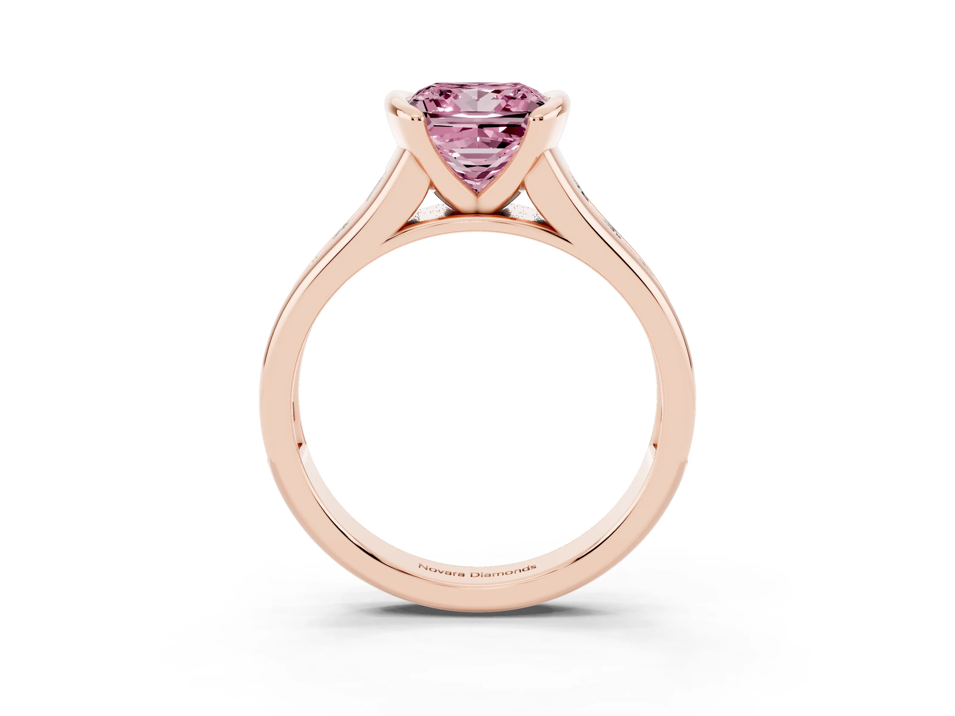 Fancy Pink Princess Cut Diamond Bezel-Set Solitaire Ring Set in Rose gold with Channel-Set Band