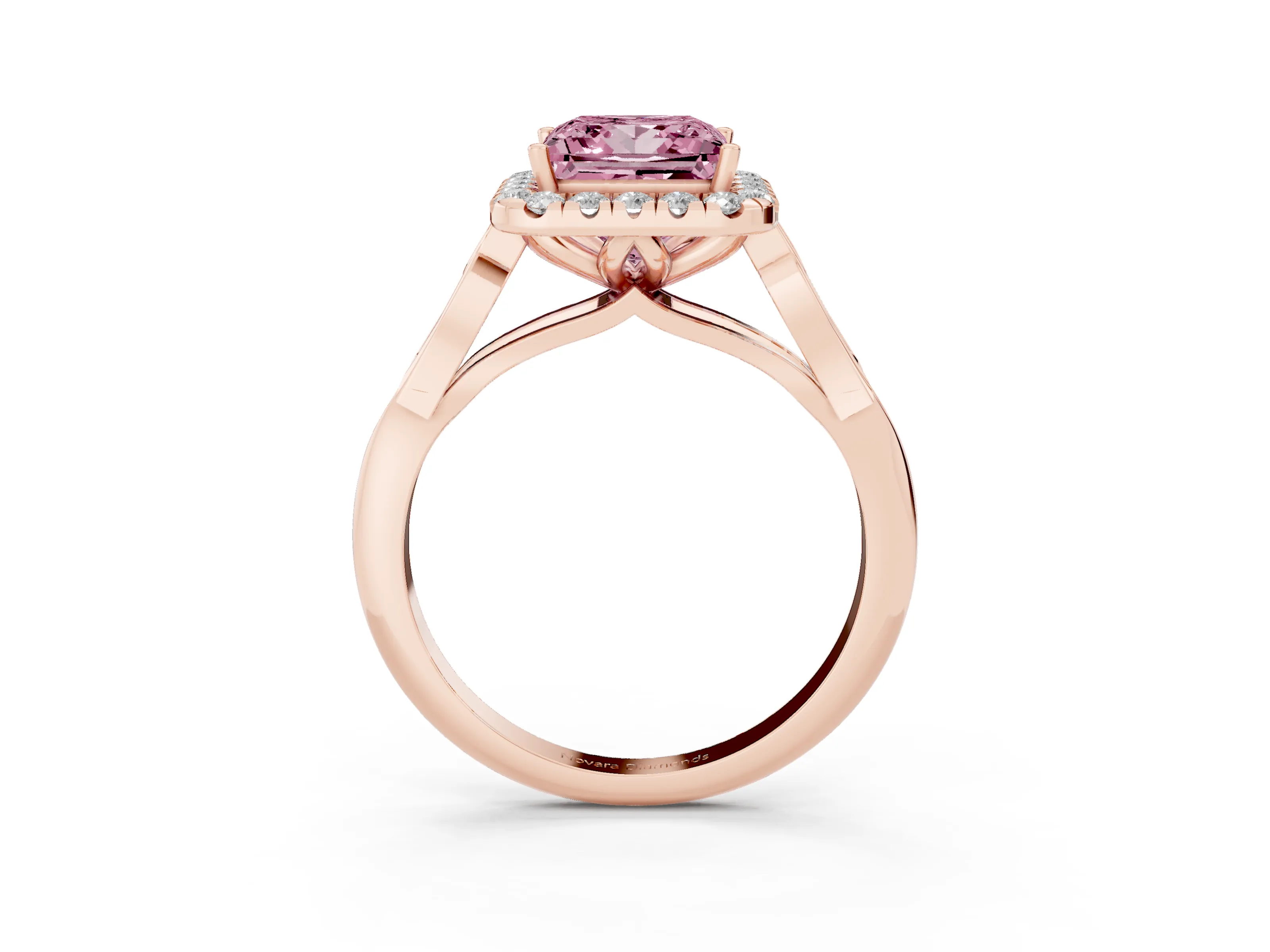 Fancy Pink Princess Cut Diamond Halo Engagement Ring Set in Rose gold with Filigree Band and Prong-Set Center
