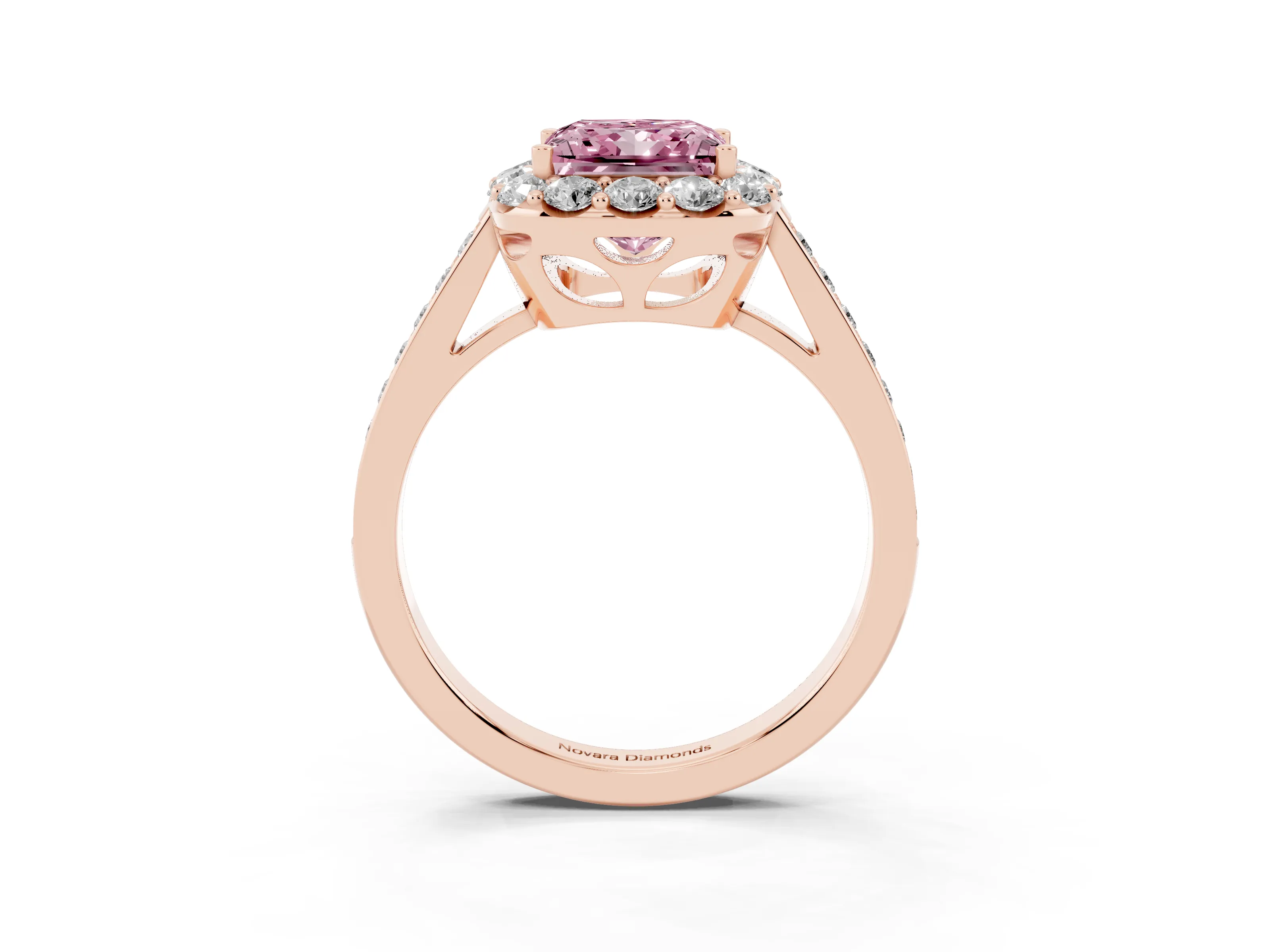 Fancy Pink Princess Cut Diamond Floral Halo Ring Set in Rose gold with Pavé Band and Prong Setting