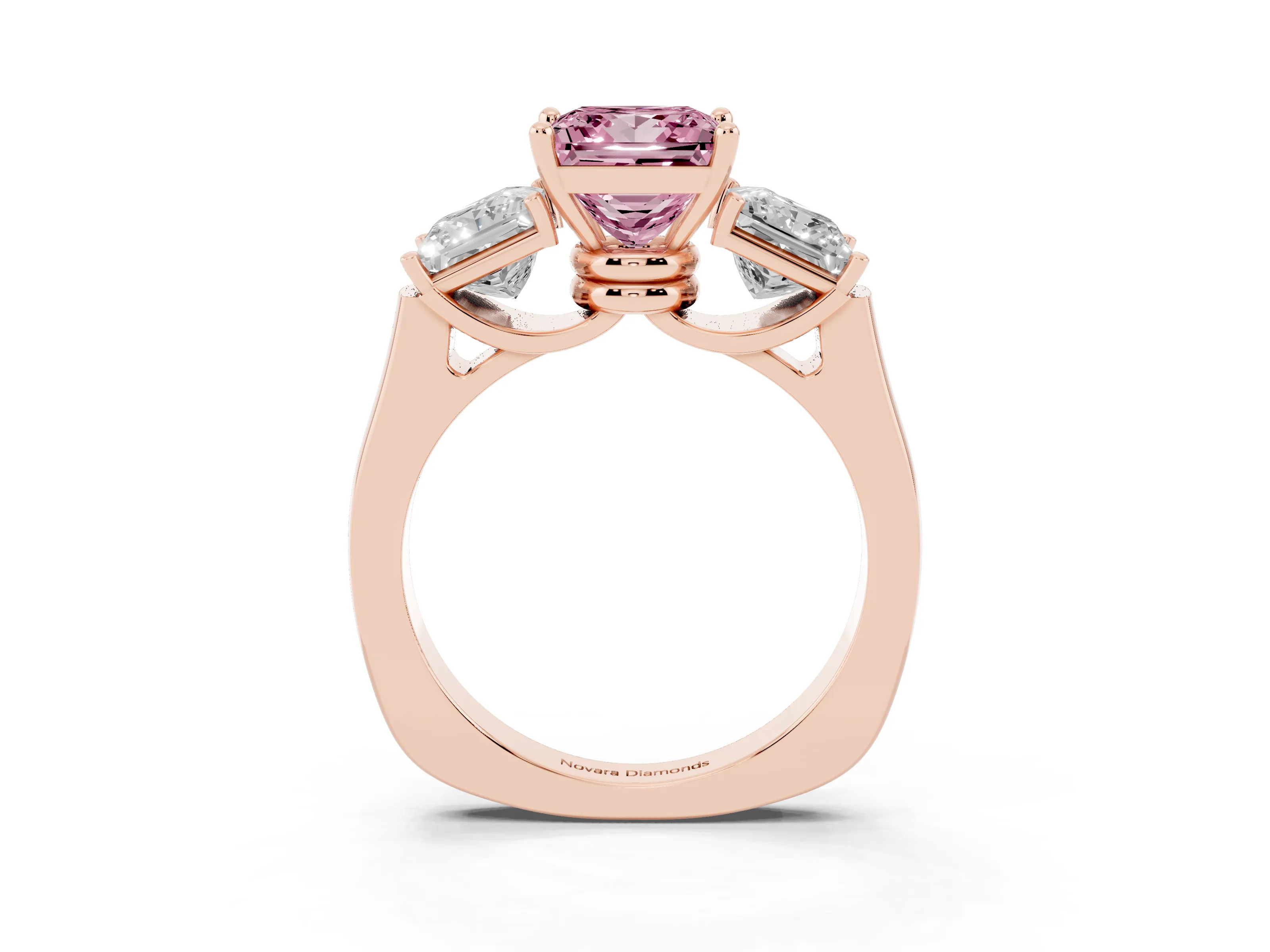 Fancy Pink Princess Cut Diamond Three-Stone Trellis Ring Set in Rose gold with Comfort Fit Band