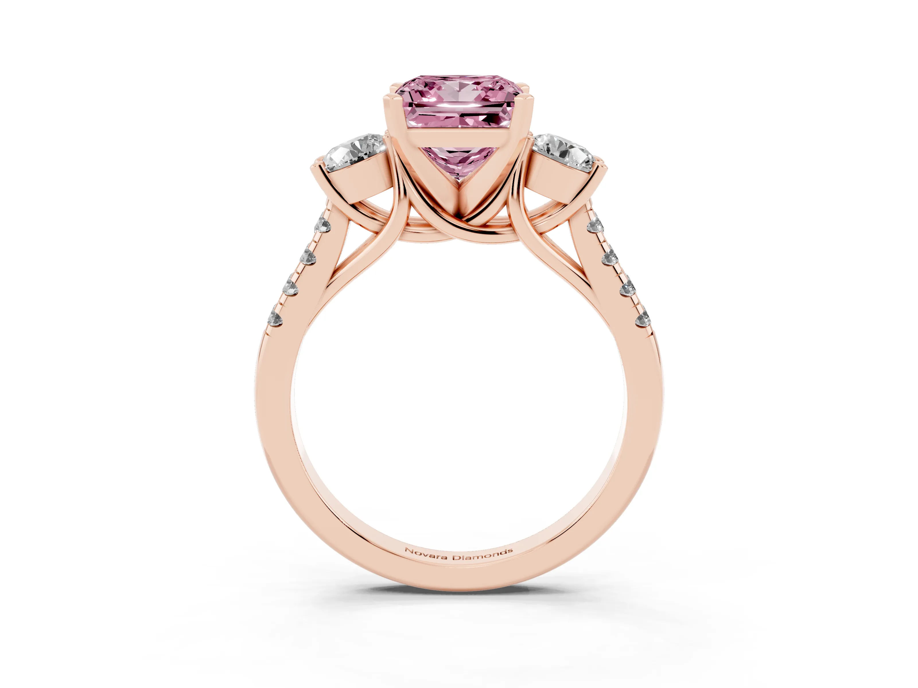 Fancy Pink Three-Stone Princess Cut Diamond Pavé Band Ring Set in Rose gold with Prong-Set Trio