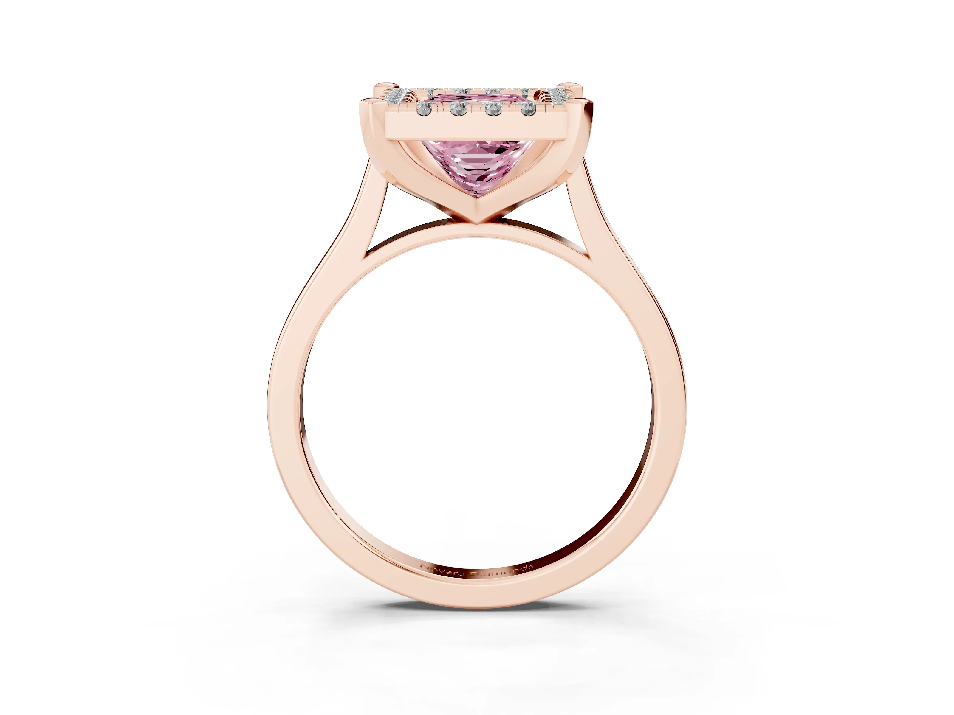 Fancy Pink Princess Cut Diamond Cluster Halo Solitaire Ring Set in Rose gold with Prong Setting