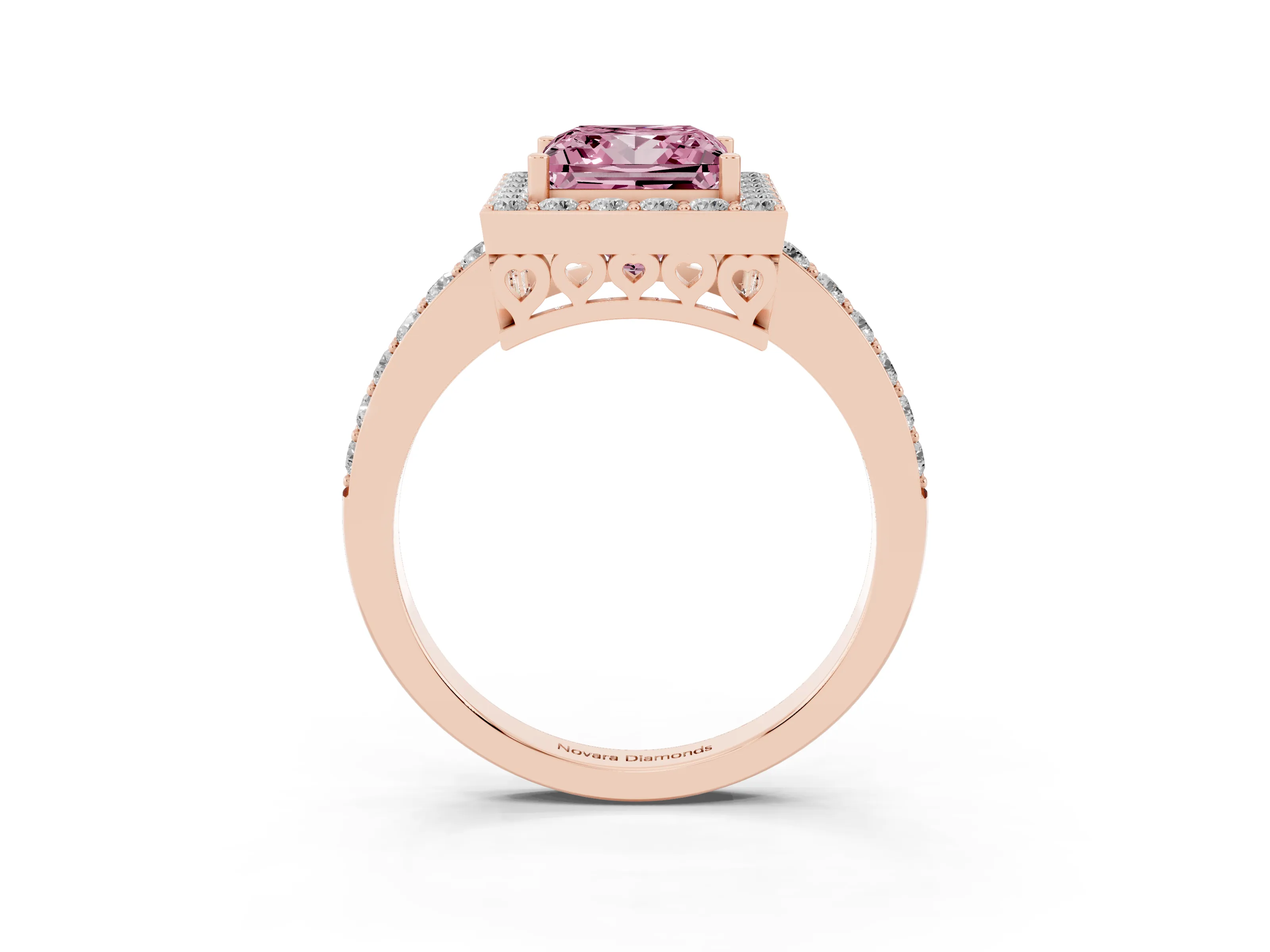 Fancy Pink Princess Cut Diamond Halo Ring Set in Rose gold with Pavé-Setting Band and Open Prong Center
