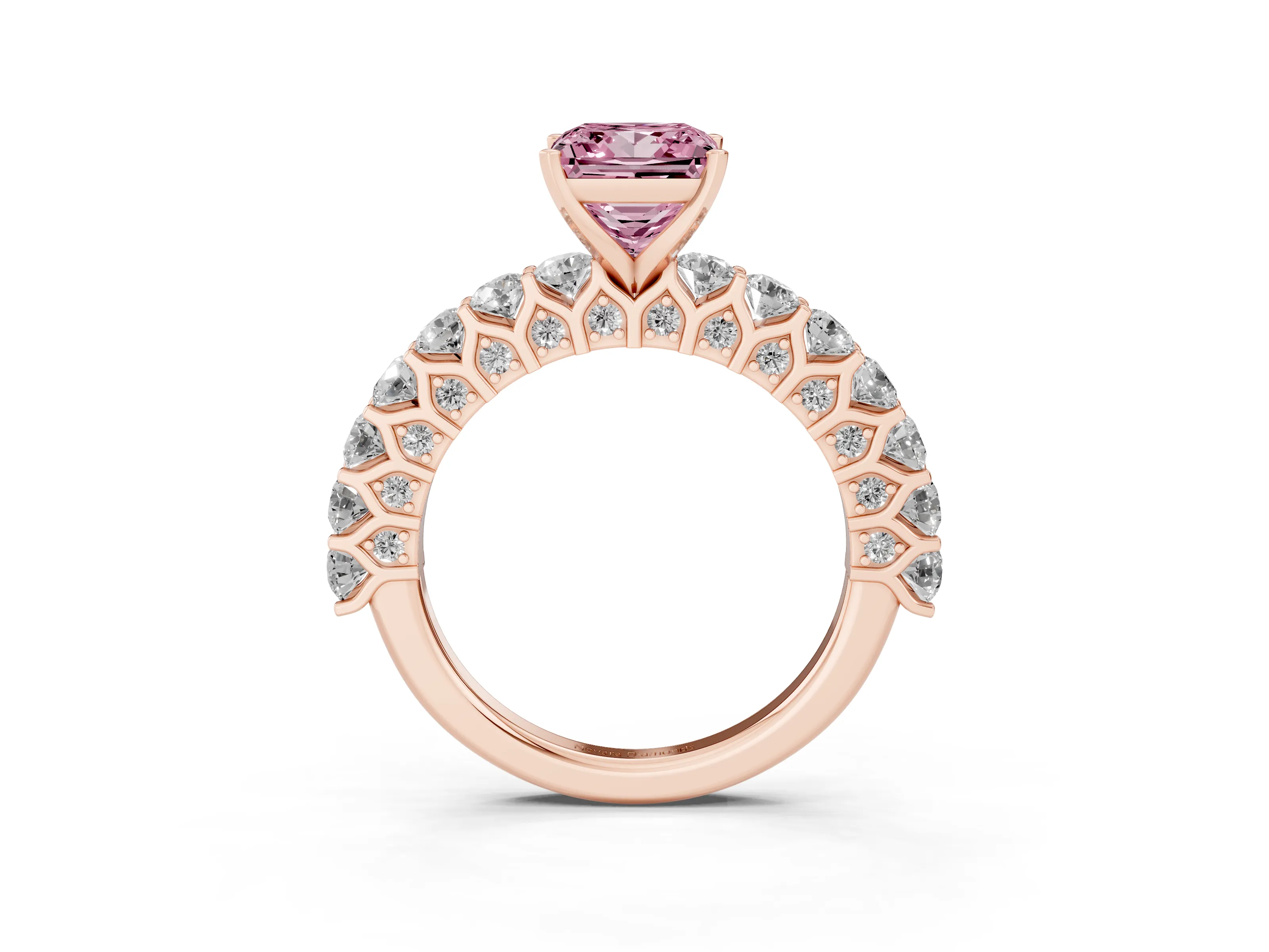 Fancy Pink Princess Cut Diamond Solitaire Ring Set in Rose gold with Shared Prong Pavé Band