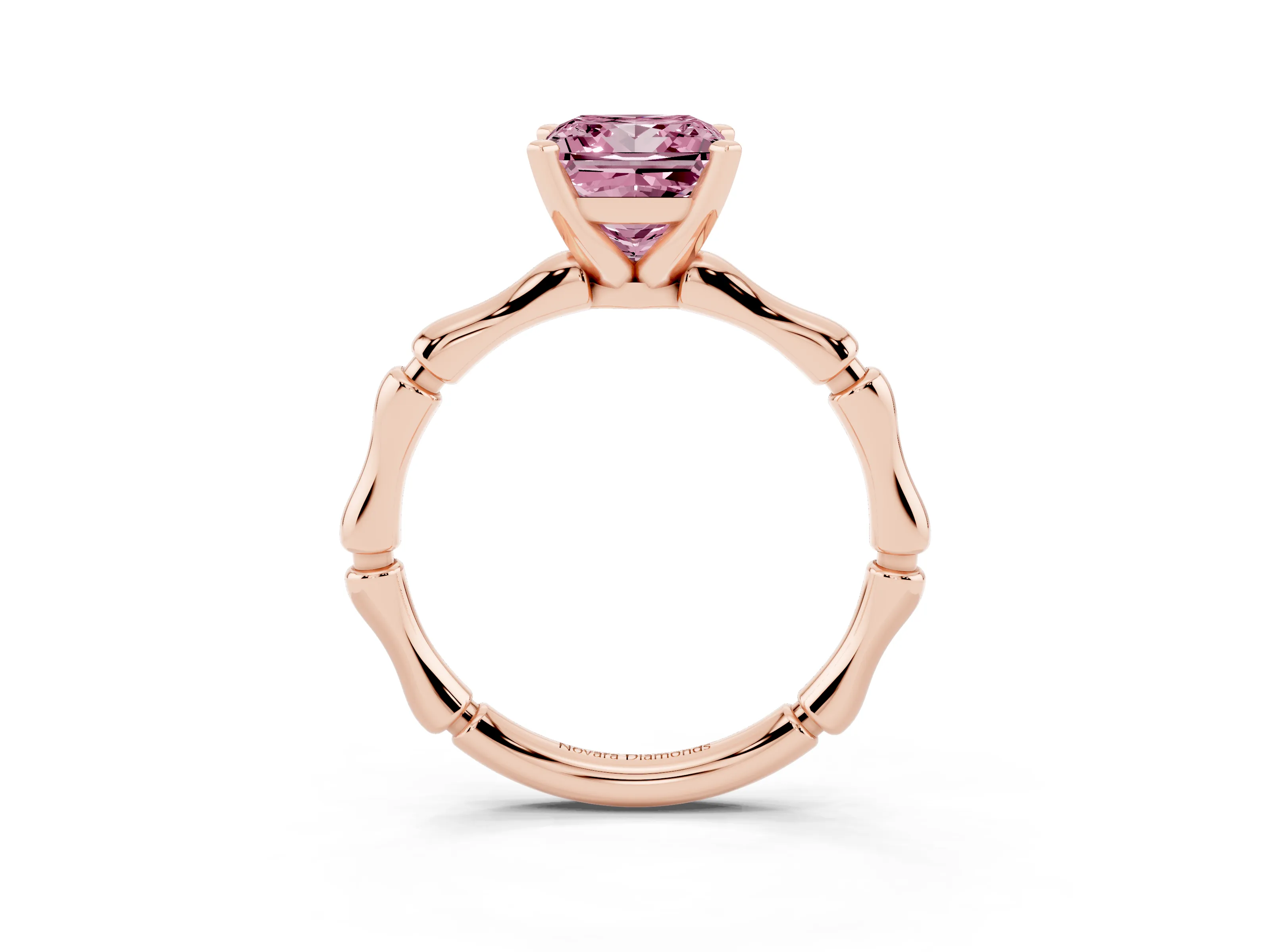 Fancy Pink Princess Cut Diamond Solitaire Ring Set in Rose gold with Bamboo Band and Prong Setting